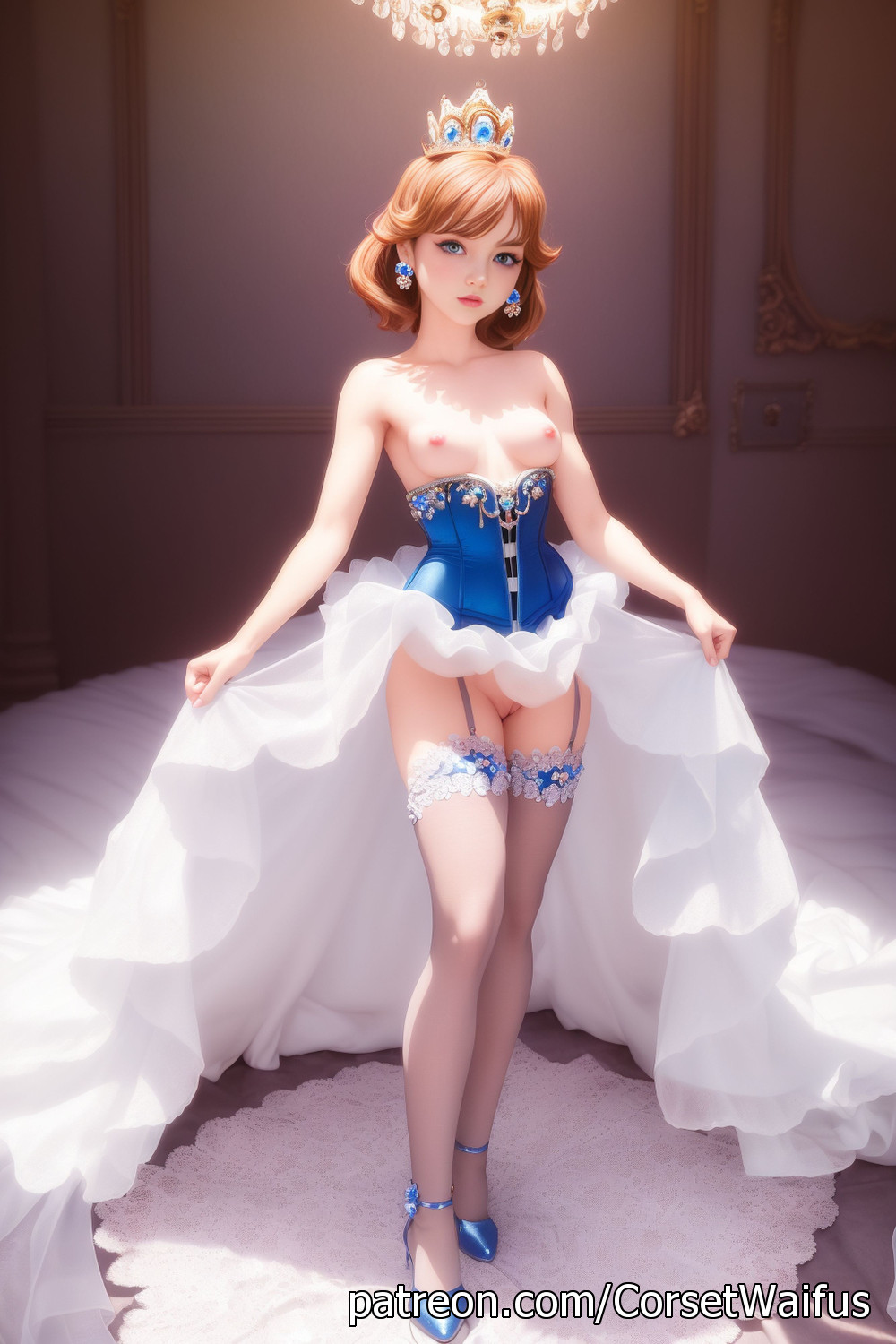 1girls, ai generated, blue eyes, breasts, brown hair, corset, crown, female, garter straps, high heels, mario (series), nintendo, nipples, princess daisy, pussy, solo, stable diffusion, thighhighs