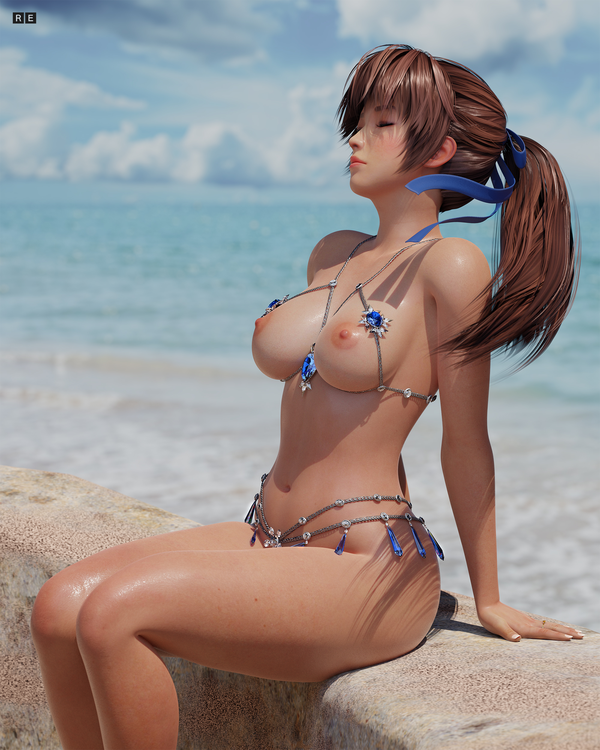 1girls, 3d, 3d (artwork), areolae, arm support, auburn hair, beach, bikini, blender, blue bow, breasts, brown hair, chain bikini, closed eyes, dead or alive, dead or alive 5, female, female only, french nails, functionally nude, hairbow, highres, jewelry, kasumi (doa), navel, nipples, outdoors, ponytail, radianteld, sitting, solo, sunbathing, tecmo, thick thighs, thighs, topless, venus bikini, water
