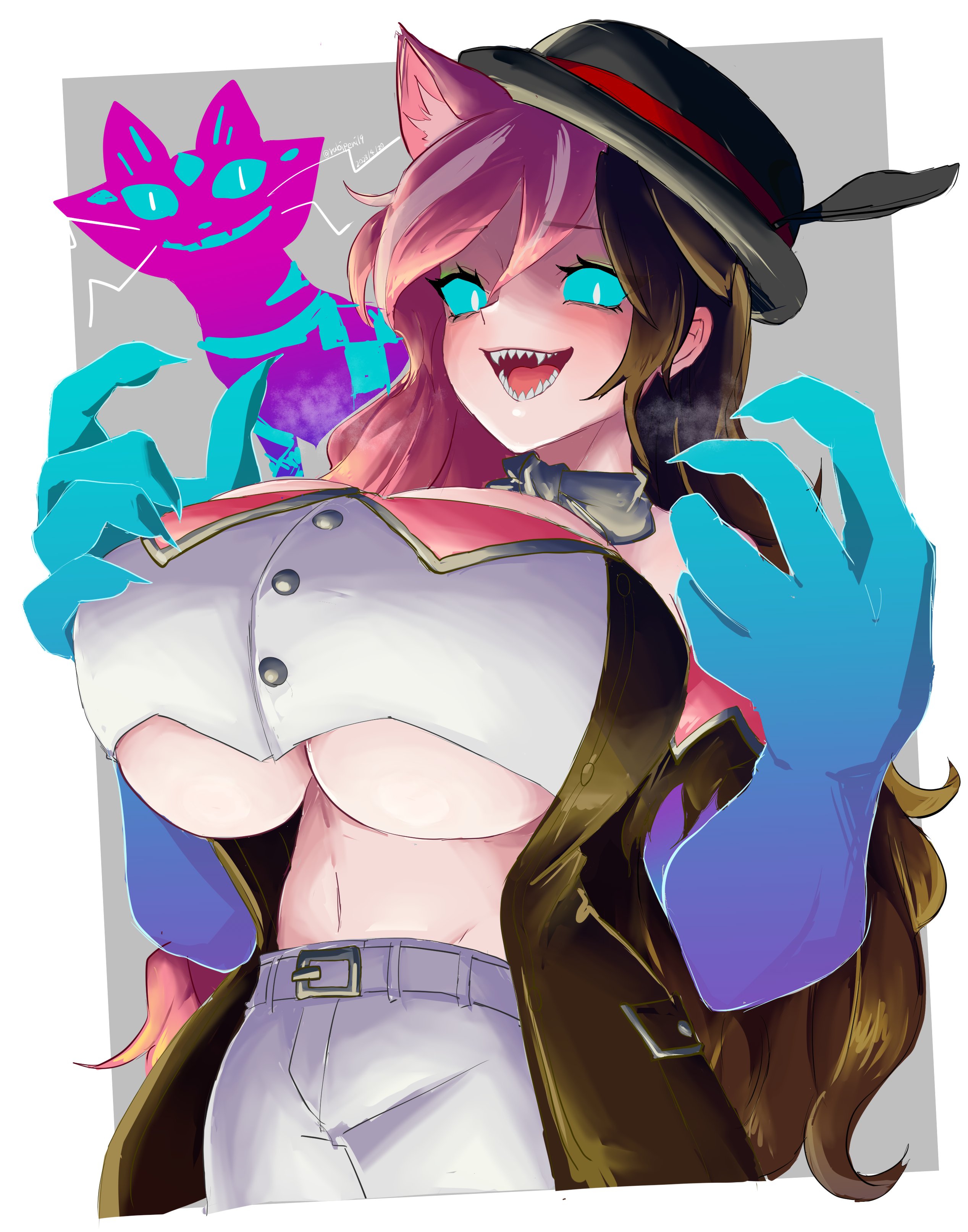 bare midriff, big breasts, breasts, brown hair, cat ears, cat eyes, curious cat (rwby), female, hyper, hyper breasts, multicolored hair, neko, neo (rwby), odakubara, pink hair, possessed, rwby, sharp teeth, underboob