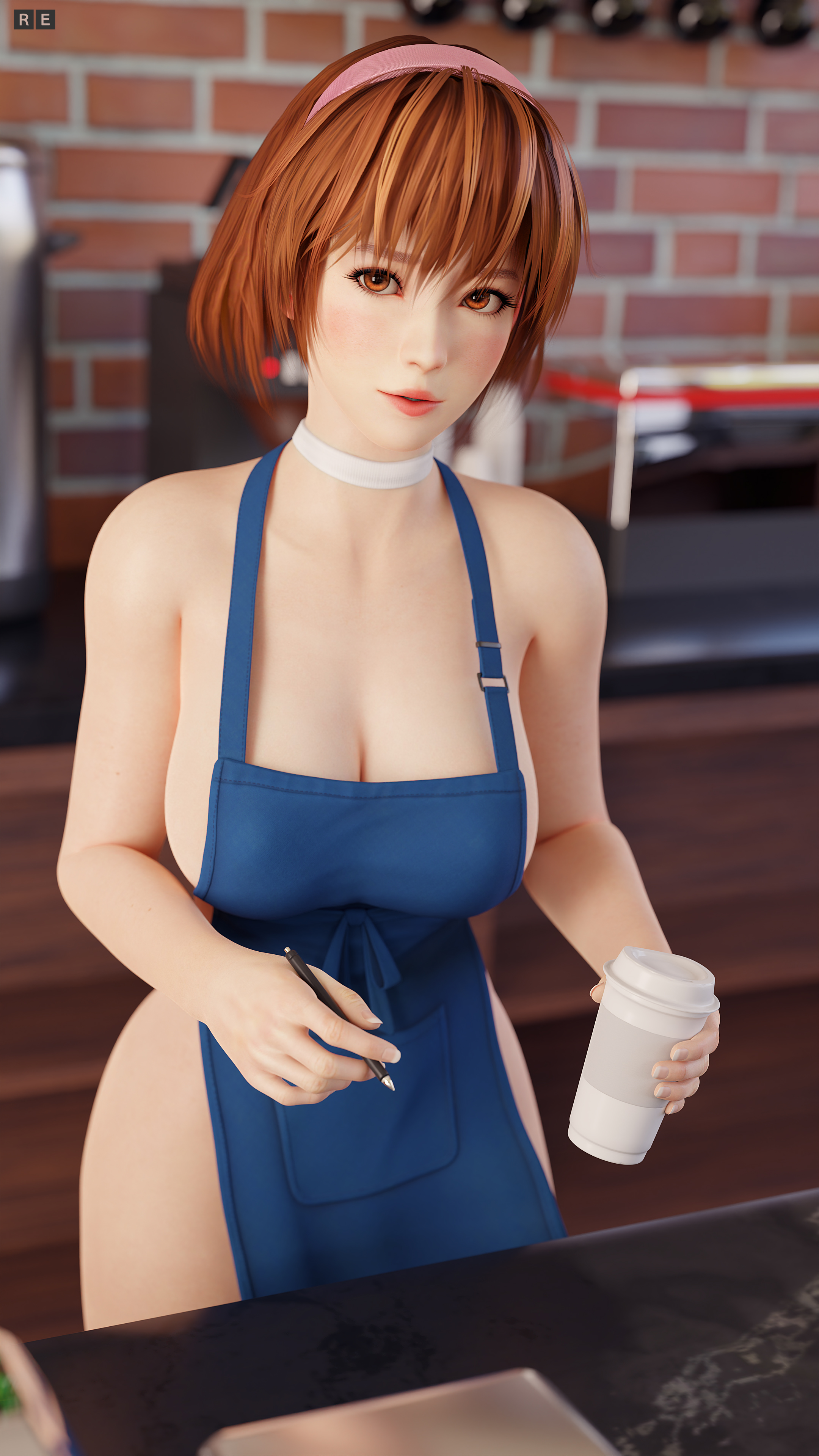 1girls, 3d, 3d (artwork), alternate hairstyle, apron, auburn hair, blender, breasts, brown eyes, brown hair, choker, cleavage, coffee, dead or alive, dead or alive 5, female, female focus, french nails, hairband, highres, iced latte with breast milk, indoors, kasumi (doa), large breasts, light blush, light skin, light-skinned female, looking at viewer, matching hair/eyes, naked apron, no bra, no panties, radianteld, short hair, solo, tecmo, white choker