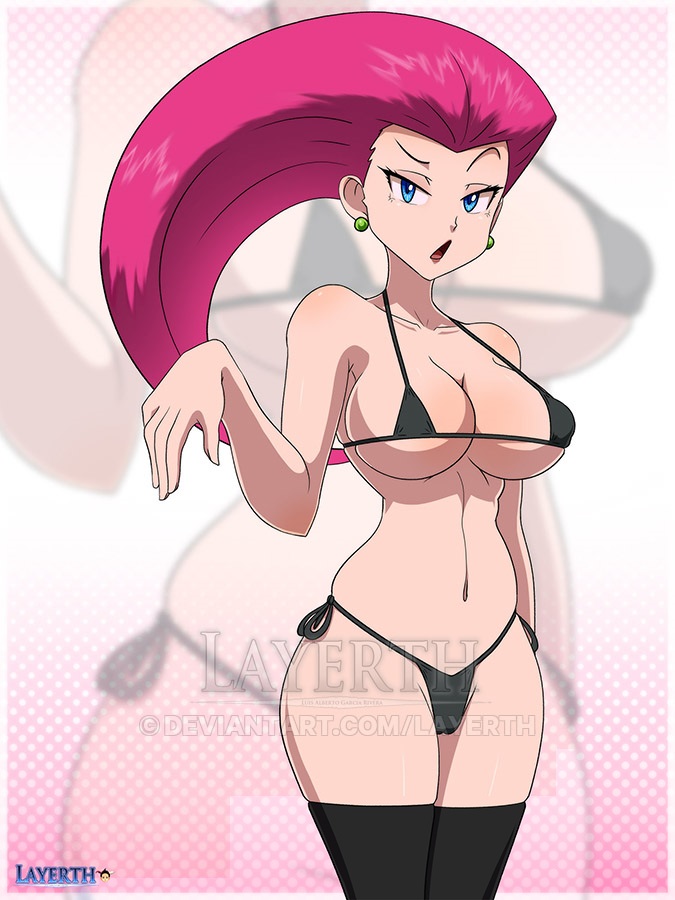 1girls, bikini, black bikini, blue eyes, breasts, cleavage, female, female focus, female only, human, jessie (pokemon), layerth, nintendo, pink hair, pokemon, red hair, solo, thick thighs, thighs
