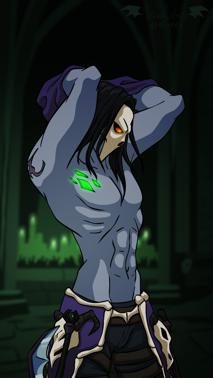 1boy abs arms_above_head arms_up artist_request black_hair darksiders darksiders_2 death_(darksiders) detailed_background dick_root fit fit_male glowing_eyes grey_body grey_skin half_naked humanoid long_hair male male_only markings mask masked masked_male muscle muscles muscular muscular_arms muscular_male no_humans no_shirt orange_eyes pants pants_only pecs pectorals removing_clothing shirtless shirtless_(male) shirtless_male side_view skull_mask sole_male solo solo_focus solo_male stripping tattoo tattoos topless topless_male