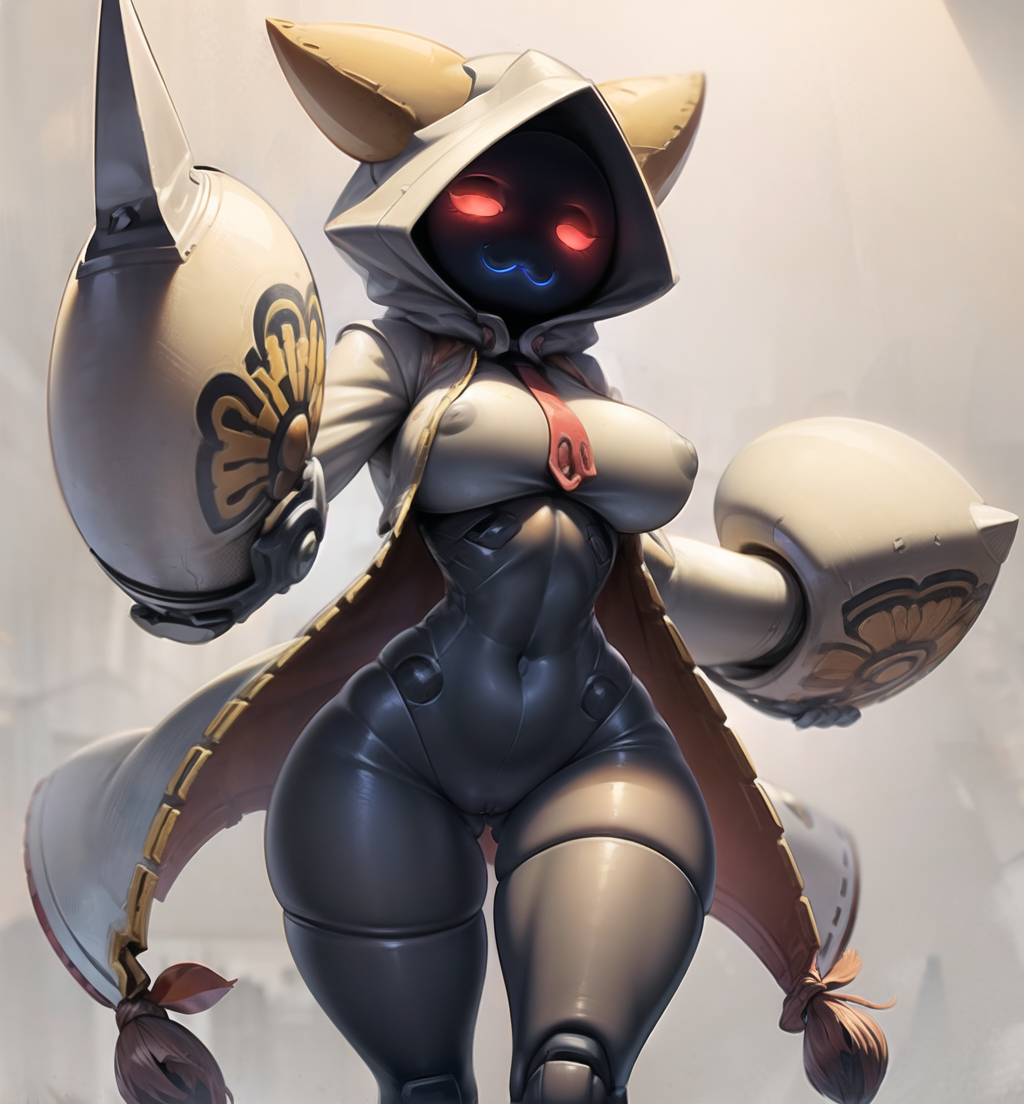 1girls, ai generated, ass, bedroom eyes, big breasts, blazblue, bottomless, breasts, butt from the front, cat girl, catgirl, dark skin, dark-skinned female, fecharis, female, furry, glowing eyes, hood, looking at viewer, nipple bulge, novelai, pussy, red eyes, robot, robot girl, taokaka, thick thighs, thigh gap, thin waist, wide hips