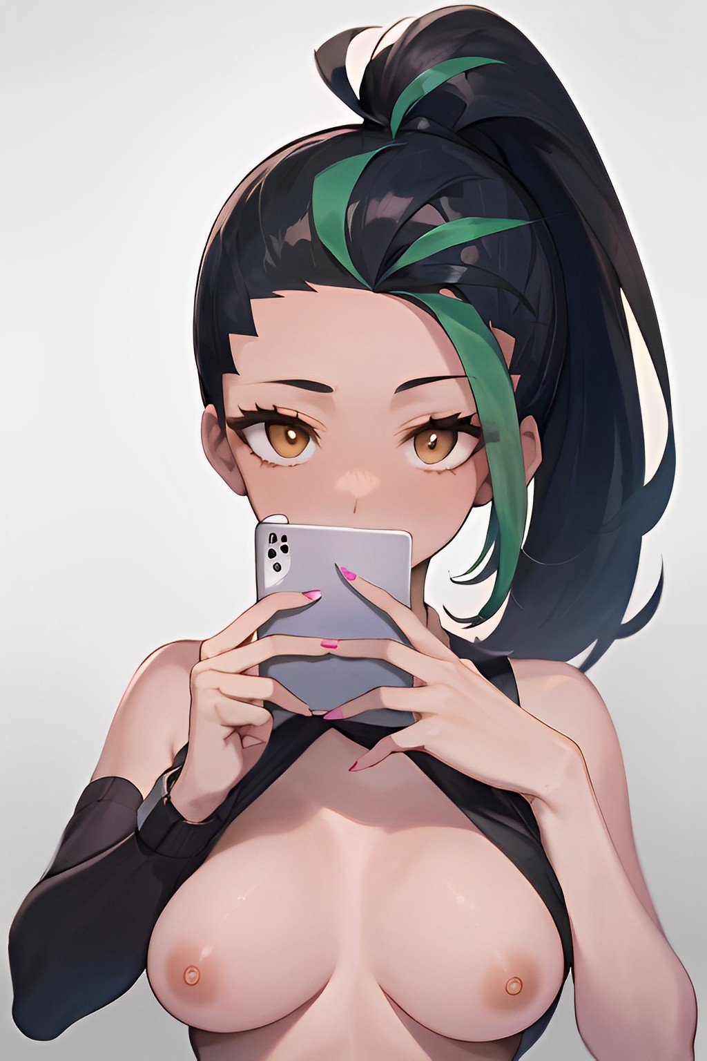 1girls, ai generated, breasts, exposed breasts, female, female only, nemona (pokemon), phone, pokemon, pokemon sv, tagme