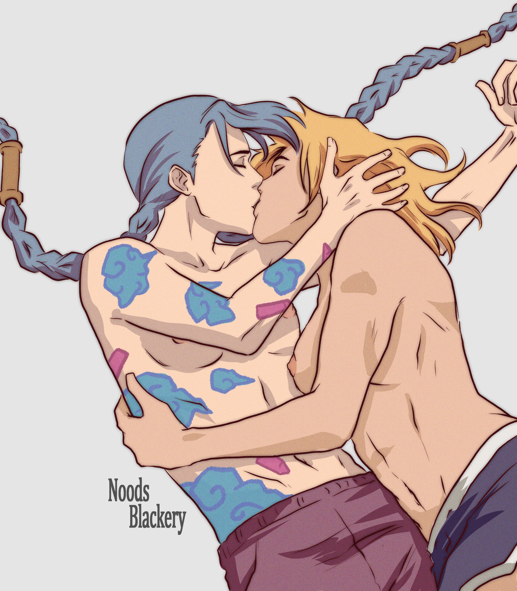 2023, blonde hair, blue hair, braided ponytail, breasts, female, grey background, jinx (league of legends), kissing, league of legends, long hair, long ponytail, luxanna crownguard, nipples, noodsblackery, riot games, short blonde hair, short hair, shorts, small breasts, tattoo, tattoo on arm, tattoo on belly, tattoo on chest, tattooed arm, tattoos, wholesome, yuri