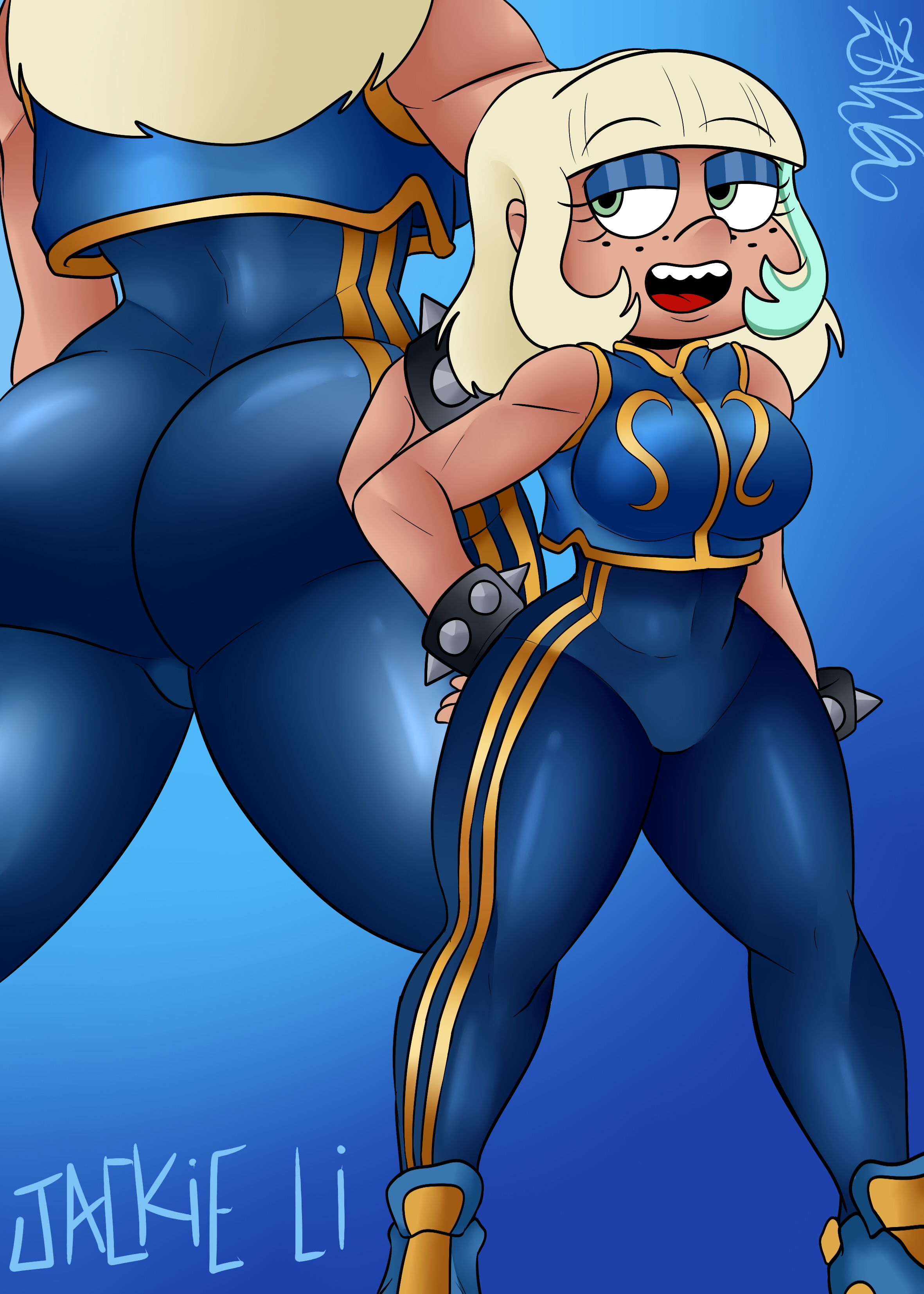1girls, 2023, asian, asian clothing, ass, athletic, athletic female, big ass, big breasts, blonde hair, blue background, blue bodysuit, blue clothes, blue clothing, blue eyeshadow, blue leotard, blue vest, bodysuit, bottom heavy, bracelet, bracelets, breasts, bubble butt, capcom, caucasian female, chinese, chinese clothes, chun-li (cosplay), clothed, clothes, clothing, cosplay, covered breasts, crossover, crossover cosplay, curvaceous, curvy, curvy body, curvy female, curvy figure, disney, disney channel, disney xd, eyeshadow, fat ass, female, female only, fit, fit female, fitness, freckles, green eyes, jackie lynn thomas, leotard, light skin, light-skinned female, mature, mature female, pear shaped, pear shaped female, short hair, skin tight, skintight bodysuit, solo, star vs the forces of evil, street fighter, street fighter alpha, tan, tanned, tanned female, tanned skin, thick ass, thick thighs, thighs, thunder thighs, tomboy, top heavy, two-tone hair, unitard, vest, video games, voluptuous, white female, wide hips, wristband, wristbands, zaicomaster14