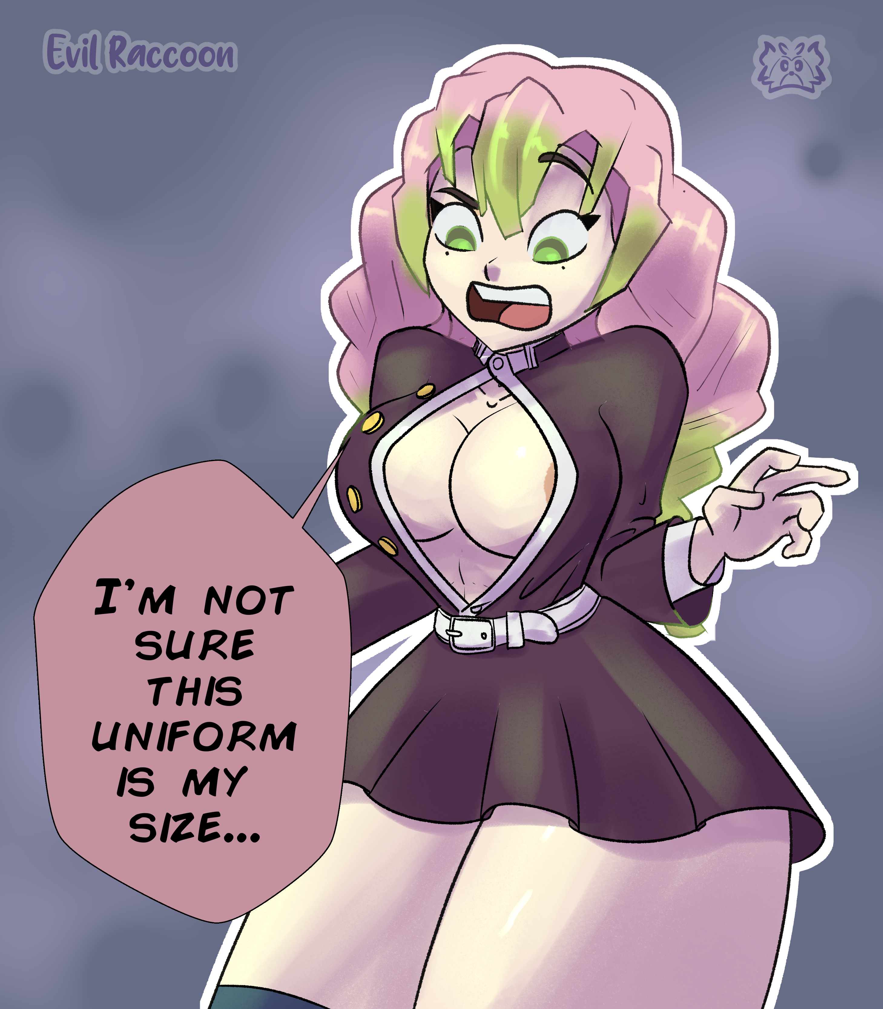 1girls, big breasts, boob window, breasts, demon slayer, dialogue, evil raccoon, eyebrows raised, female, green eyes, green hair, grey background, kanroji mitsuri, kimetsu no yaiba, miniskirt, nipple slip, pink hair, pink-haired female, school uniform, thick thighs, tight clothing, upset, white body, white skin