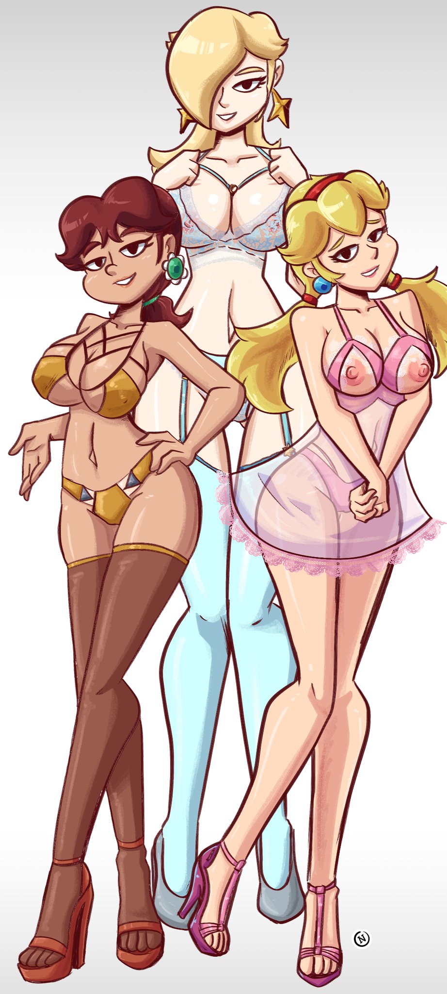 3girls, alternate hairstyle, big breasts, bikini, blonde hair, blue bra, blue eyes, blue panties, bra, breasts, brown eyes, busty, camisole, cleavage, feet, female, female only, garter straps, hair over one eye, hand on hip, heels, large breasts, legs, long hair, low ponytail, low twintails, mario (series), multiple females, multiple girls, nanus2, navel, nintendo, nipples, panties, parted lips, pink panties, pose, posing, princess, princess daisy, princess peach, princess rosalina, see-through, sensual, swimsuit, thighs, twintails, underwear, voluptuous, wide hips, yellow bikini