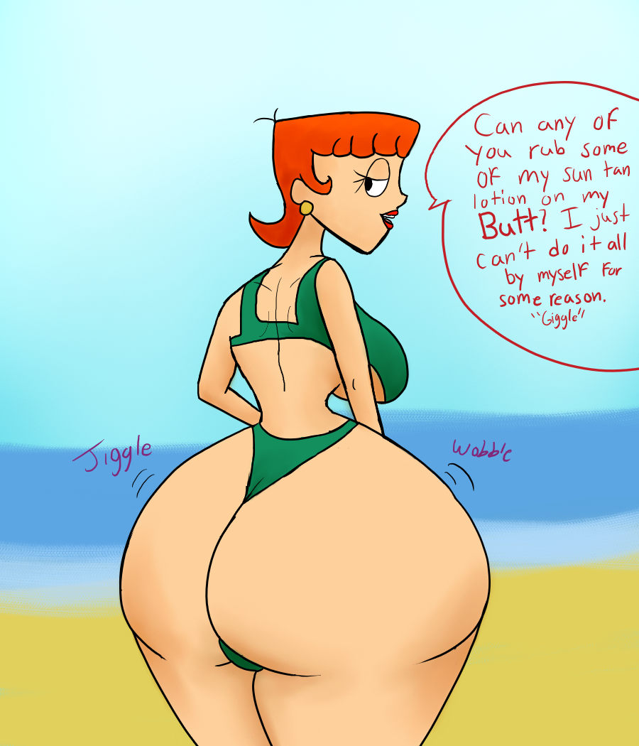 ass beach bikini butlova cartoon_network curvaceous curvy_figure dexter's_laboratory dexter's_mom dialogue huge_ass huge_breasts huge_butt looking_at_viewer milf red_hair talking_to_viewer thick_thighs