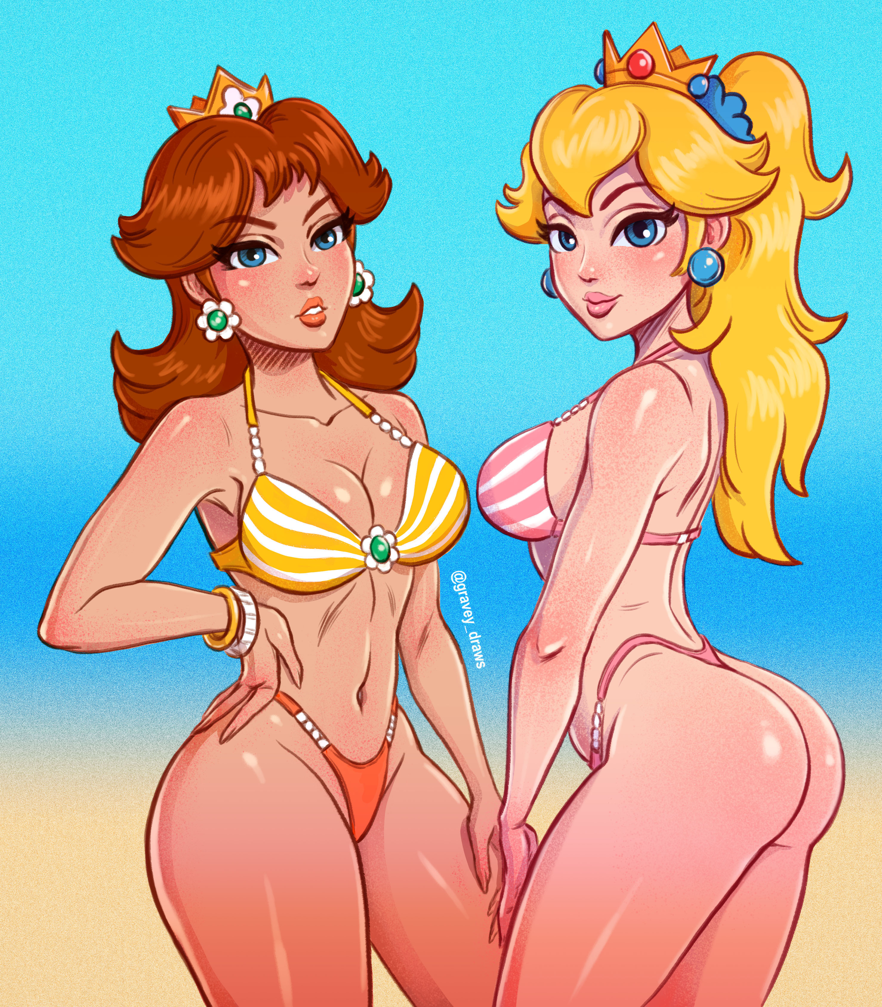 2girls, artist name, ass, big ass, big breasts, bikini, blonde hair, blue eyes, breasts, brown hair, busty, child bearing hips, cleavage, female, female only, gravey draws, hand on hip, hand on leg, hand on own leg, hand on own thigh, hand on thigh, large breasts, legs, lipstick, long hair, looking at viewer, makeup, mario (series), multiple females, multiple girls, navel, nintendo, ponytail, pose, posing, princess, princess daisy, princess peach, short hair, sideboob, smile, swimsuit, thighs, thong bikini, voluptuous