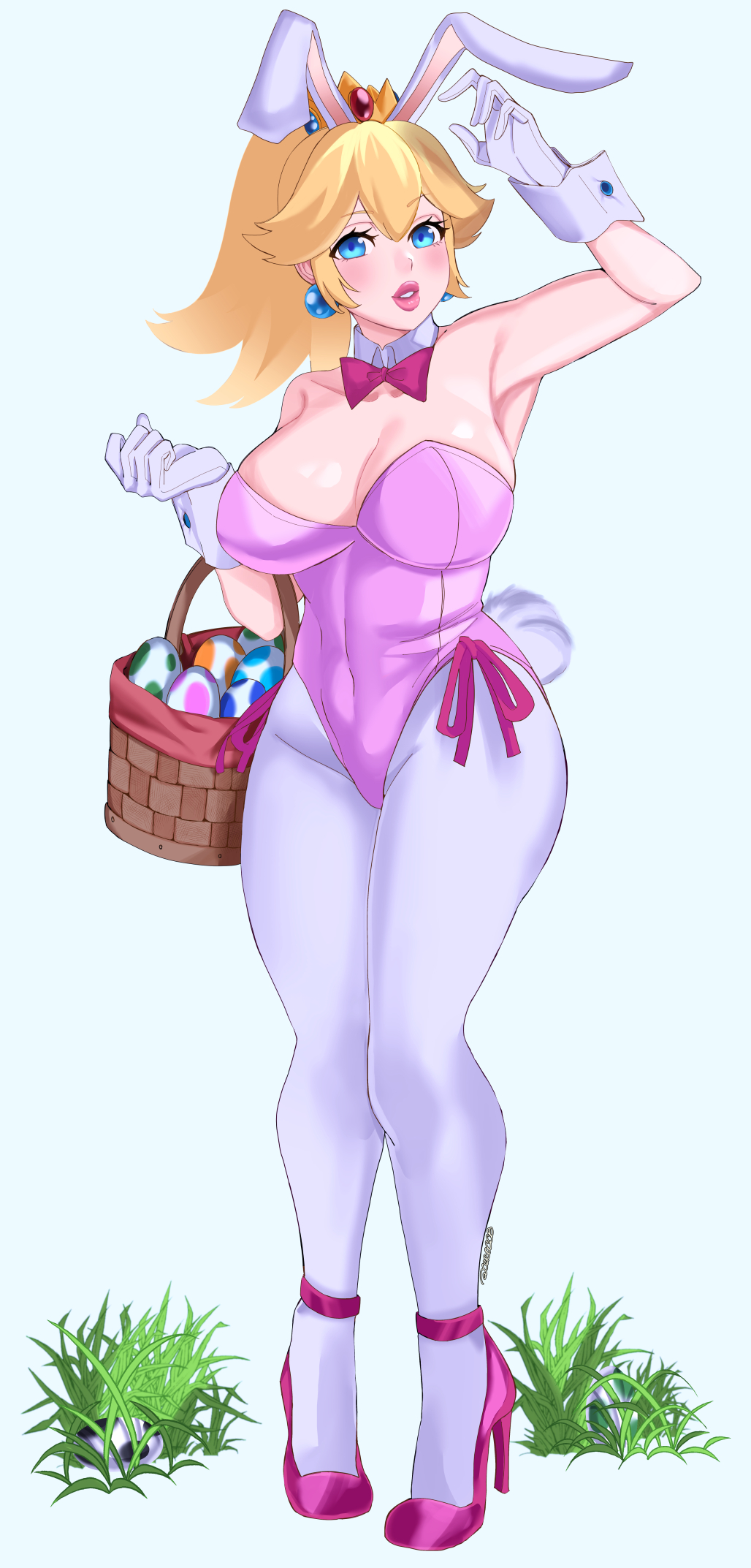 1girls, arm up, armpits, big breasts, blonde hair, blue eyes, breasts, bunny ears, bunny girl, bunny tail, bunnysuit, busty, ceroccb, cleavage, covered navel, easter, easter egg, egg, fake animal ears, feet, female, female only, gloves, heels, high heels, large breasts, legs, leotard, long hair, looking at viewer, mario (series), nintendo, pantyhose, parted lips, pink lips, ponytail, princess, princess peach, smile, solo, thighs, voluptuous, wrist cuffs