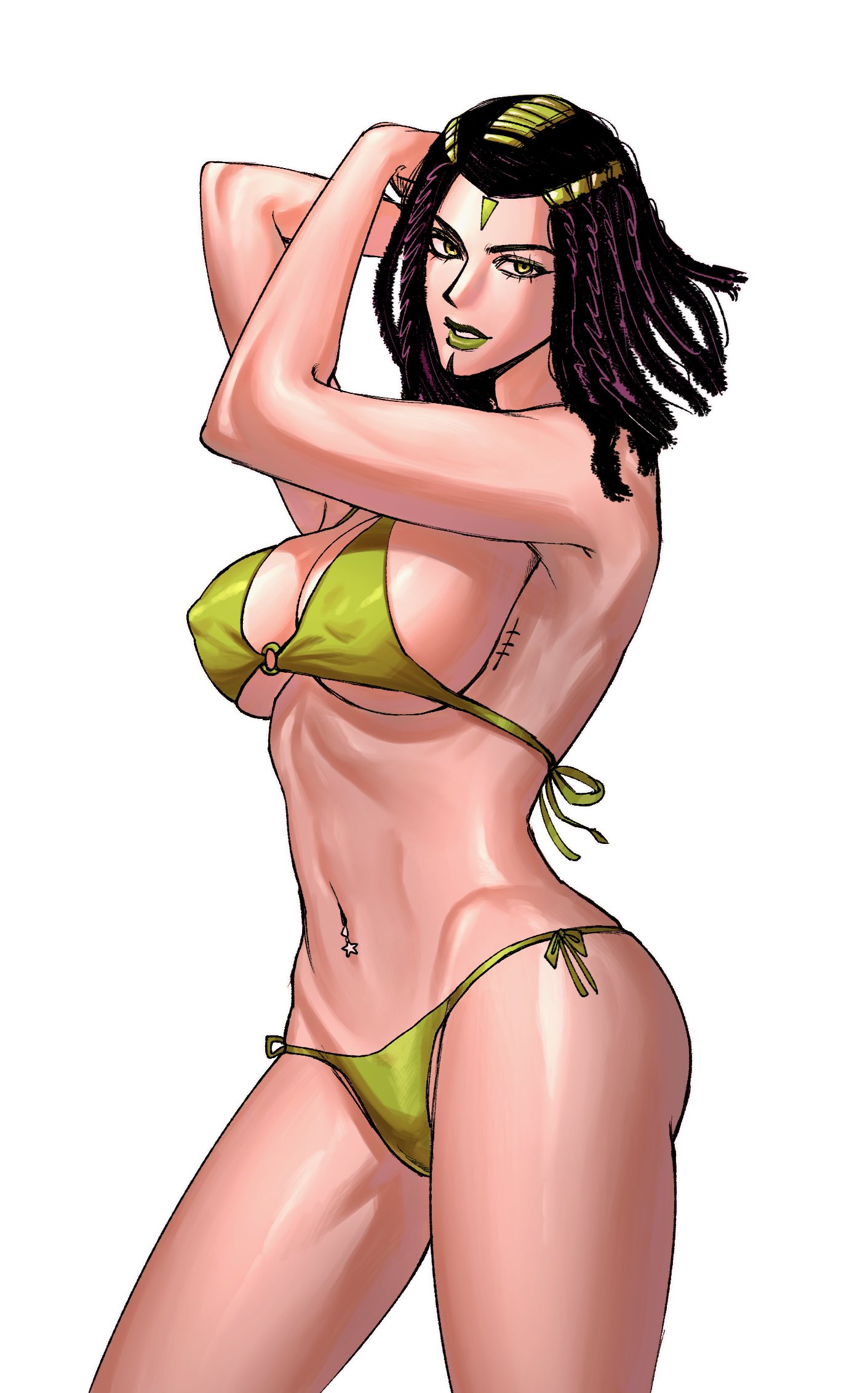1girls, belly button piercing, big breasts, bikini, black hair, breasts, dark skin, dark-skinned female, dreadlocks, erect nipples, ermes costello, female, female only, human, jojo's bizarre adventure, latina, long hair, nipples, saint jojo, shounen jump, skimpy, skimpy bikini, skimpy clothes, solo, solo female, solo focus, stone ocean, swimsuit, white background