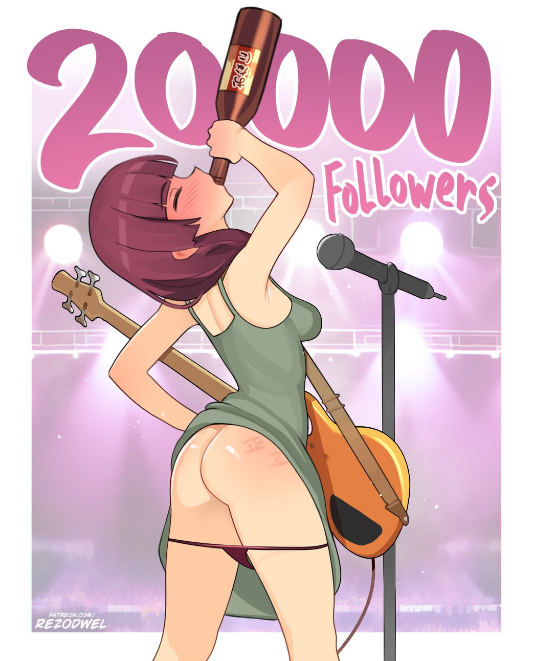 1girls alcohol ass bare_ass bare_legs bass_guitar blush bocchi_the_rock! bottle breasts dress drinking drunk hiroi_kikuri microphone panties_around_leg pants_down perfect_body rezodwel sake_bottle showing_armpits showing_ass solo tally_marks undershirt