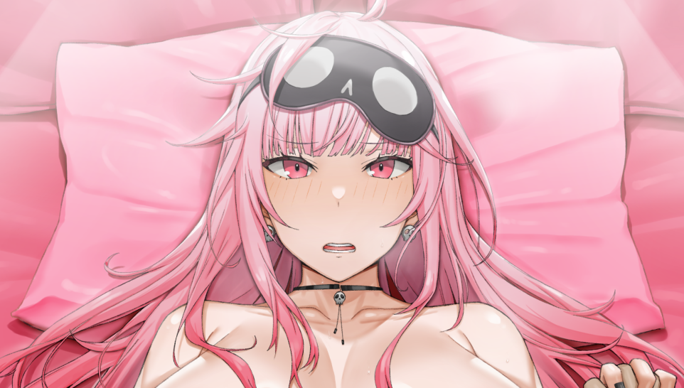 :< armpit_crease bed_sheet black_choker black_mask black_nails blunt_bangs blush breasts choker cleavage collarbone cropped earrings english_commentary female fingernails handplug holding_hands hololive hololive_english hololive_myth huge_breasts implied_sex jewelry long_hair looking_at_viewer lying mask mask_on_head messy_hair mixed-language_commentary mori_calliope nail_polish nude open_mouth paid_reward_available pillow pink_eyes pink_hair pink_theme skull_choker skull_collar skull_earrings sleep_mask solo_focus sweat teeth virtual_youtuber