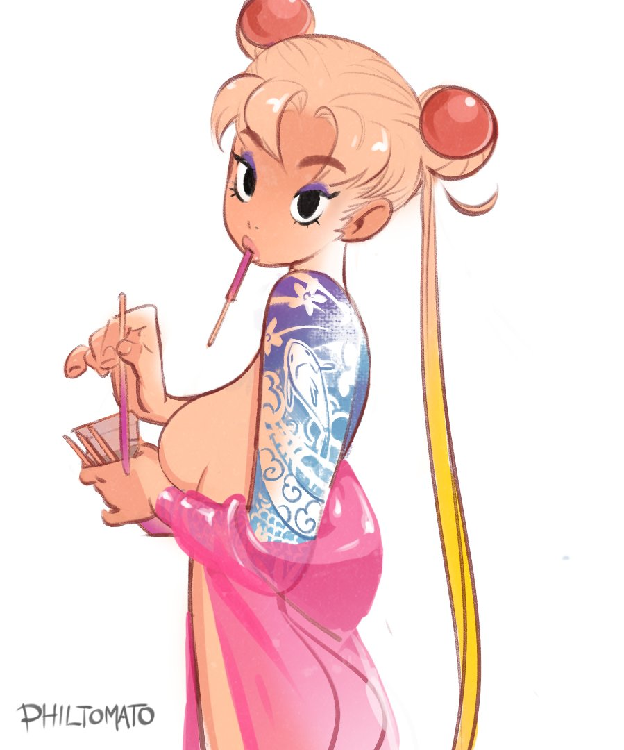 ass bangs bishoujo_senshi_sailor_moon clothing eyebrows_visible_through_hair female functionally_nude hair_ornament looking_at_viewer nightgown philtomato pocky sailor_moon see-through see-through_clothing small_breasts tattoo tattoos usagi_tsukino