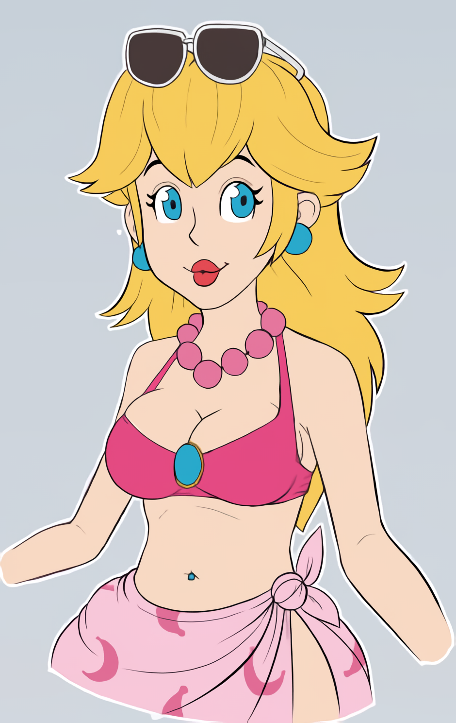 1girls artist_request big_breasts bikini blonde_hair blue_eyes breasts busty cleavage female female_only jewelry large_breasts legs light-skinned_female light_skin lips lipstick long_hair looking_at_viewer mario_(series) navel navel_piercing necklace nintendo piercing pink_bikini princess princess_peach princess_peach_(swimwear) red_lipstick sarong solo sunglasses_on_head super_mario_odyssey swimsuit thighs voluptuous