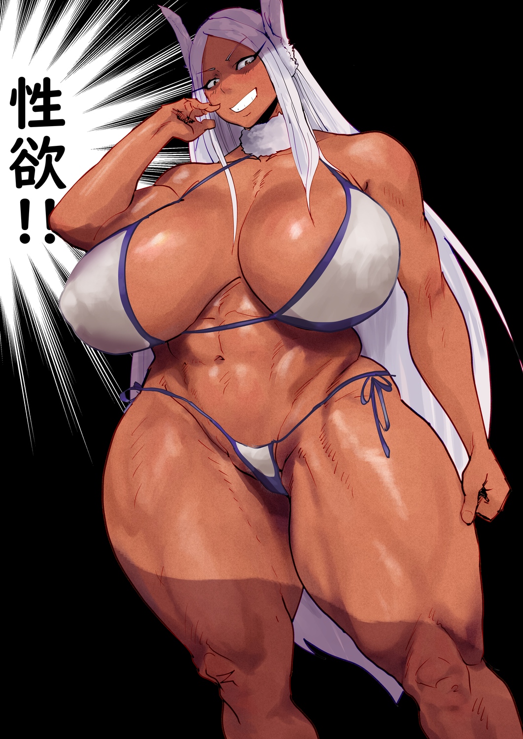 abs absolute_unit bikini brown_skin fit_female huge_breasts miruko muscles muscular_female my_hero_academia rumi_usagiyama smile urawangetu venus_body voluptuous white_hair