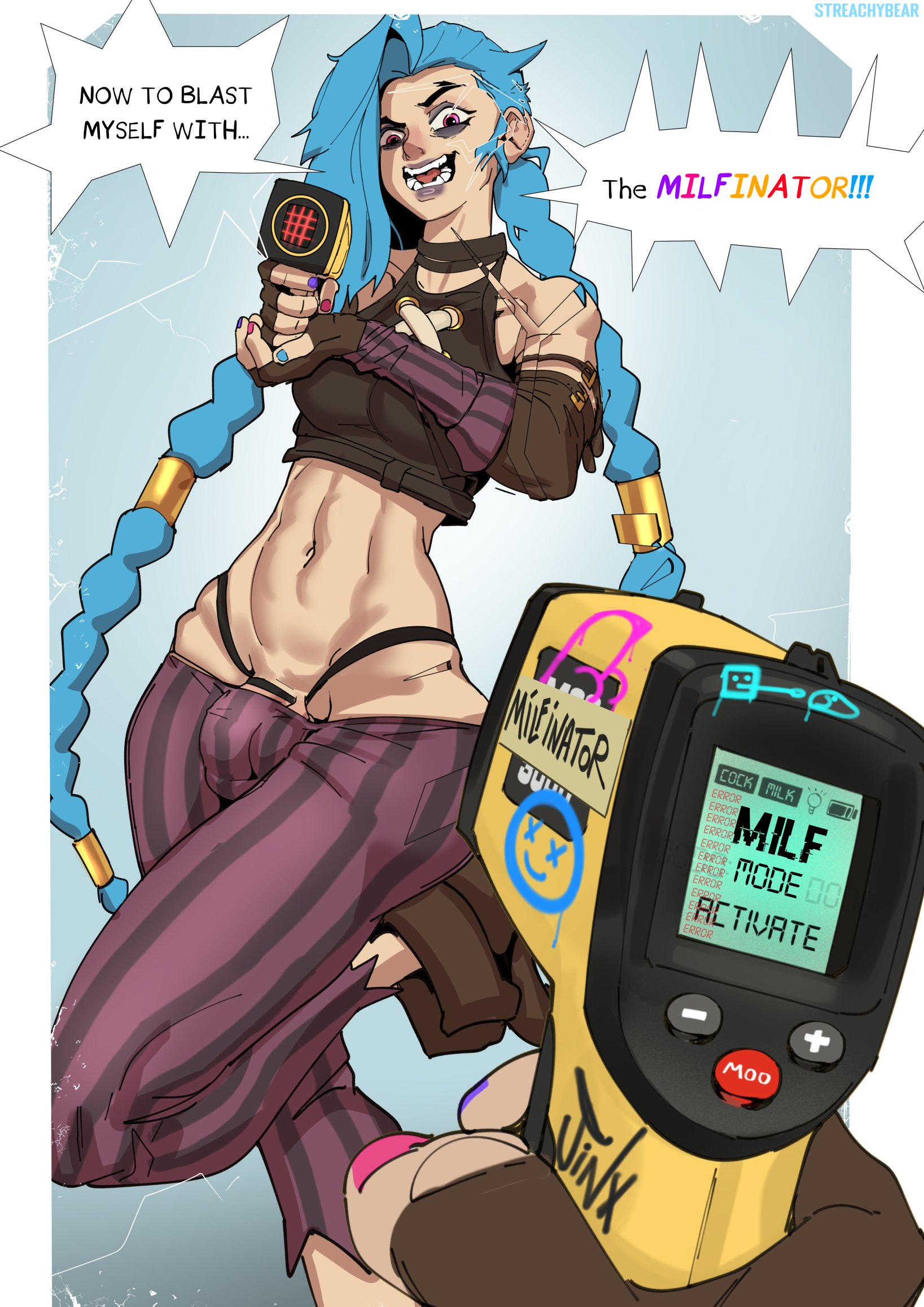 1futa, 2023, abs, arcane, arcane jinx, balls, blue eyes, body modification, braid, braided hair, breasts, clothed, clothing, curvy, dialogue, english text, flaccid, fully clothed, futa only, futanari, human, imminent transformation, intersex, jinx (league of legends), league of legends, light skin, light-skinned futa, long hair, midriff, midriff baring shirt, mirror, muscular, muscular futa, pale-skinned futa, penis, pov, riot games, solo, standing, streachybear, tank top, text, thighhighs, transformation, weapon, wide hips