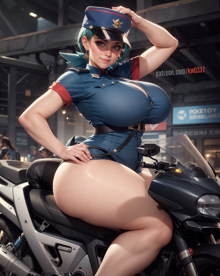 1girls, ai generated, alternate breast size, big breasts, big thighs, breasts, fat thighs, female, hand on hip, hat, huge thighs, kw0337, massive thighs, nintendo, officer jenny (pokemon), pokemon, pokemon (anime), pokemon rgby, smile, tagme, thighs, thunder thighs, thunderthighs, vehicle