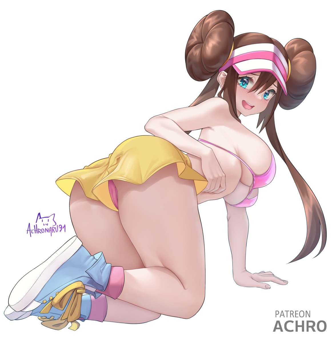 1girls, achromaru, aged up, alternate version available, ass, bending over, blue eyes, breasts, brown hair, female, game freak, hips, huge ass, huge breasts, light skin, light-skinned female, long hair, nintendo, pokemon, pokemon bw2, rosa (pokemon), smile, thick thighs, thighs, twin buns, twintails, wide hips
