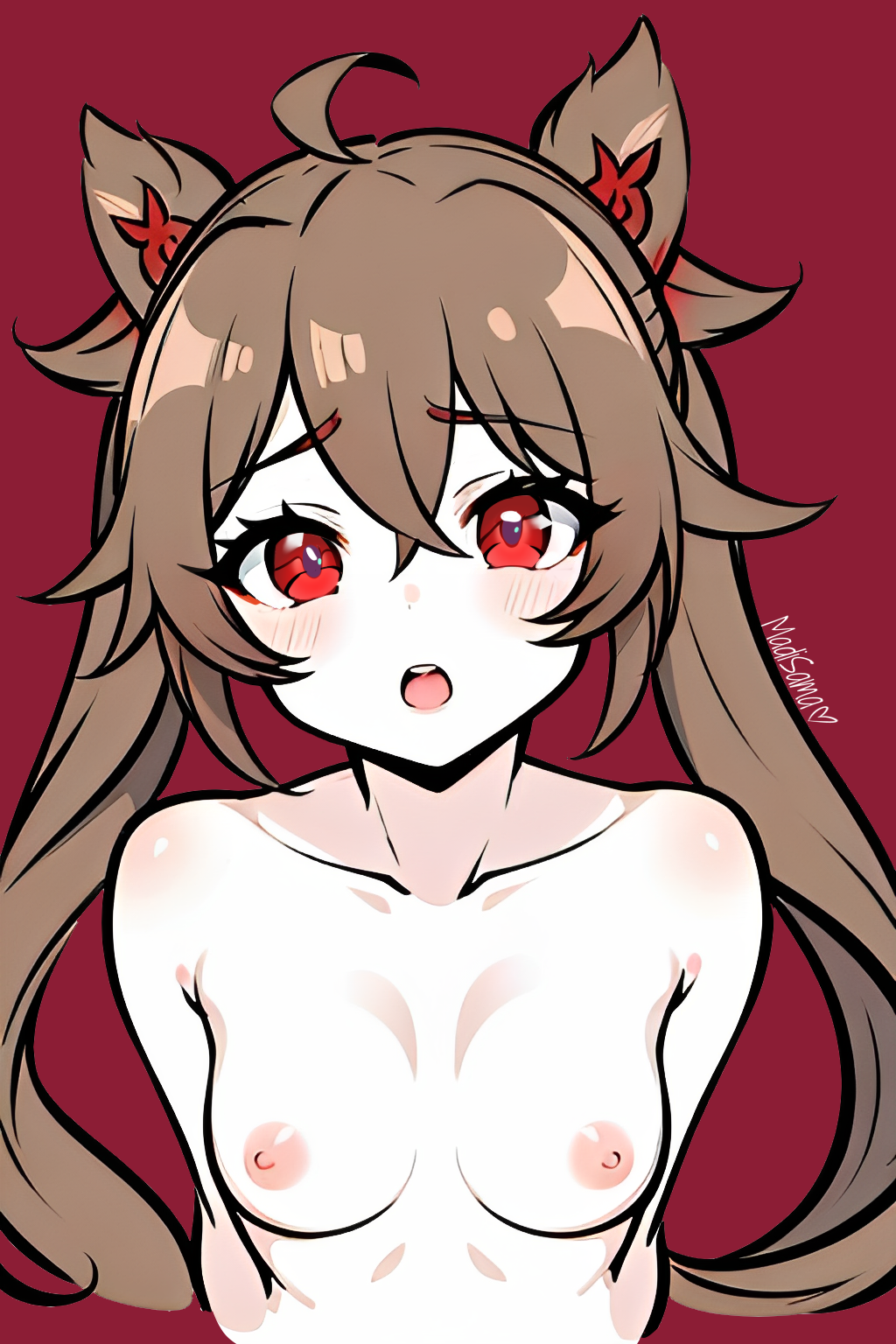 ai_generated anime_style blush breasts brown_hair halfbody looking_at_viewer nipples open_mouth original_character ponytail red_eyes