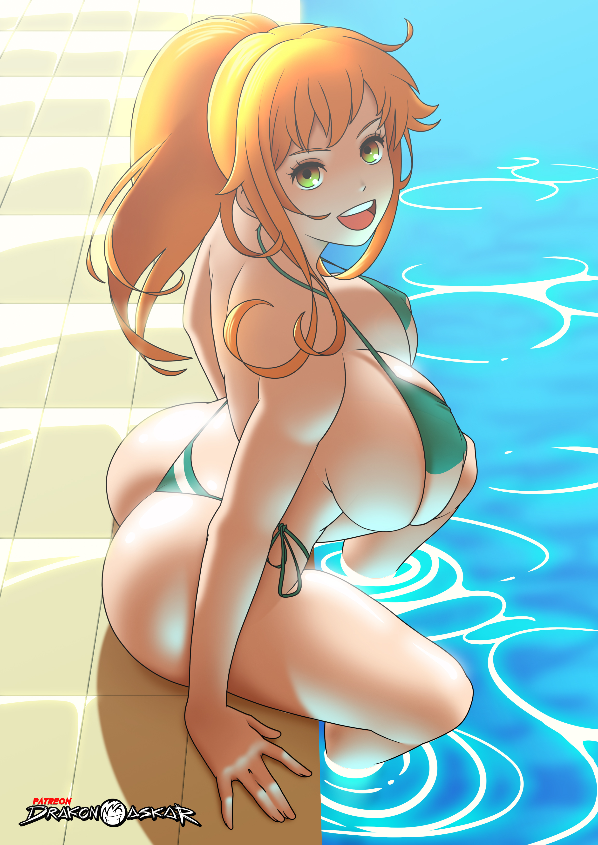 1girls, ass, big ass, big breasts, big butt, bikini, bikini bottom, breasts, drakonaskar, female, female only, long hair, nami (one piece), one piece, orange hair, orange-haired female, patreon, pool, post-timeskip, solo, striped bikini, summer, water