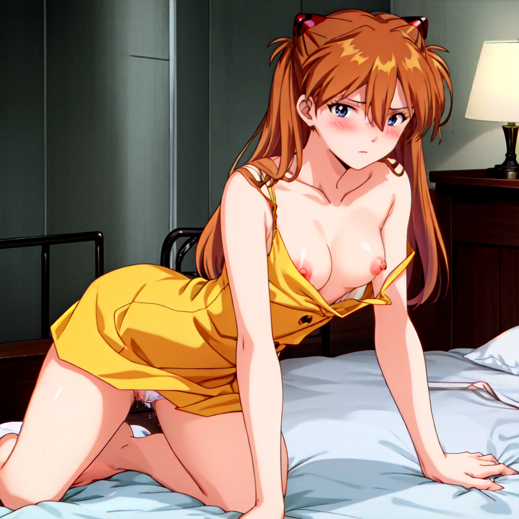 1girls, ai generated, asuka langley sohryu, blue eyes, breasts, breasts out, dress, female, female only, looking at viewer, medium breasts, navel, neon genesis evangelion, nude, nude female, orange hair, partially clothed, pussy, red hair, solo, stable diffusion, tagme, undressing, yellow dress