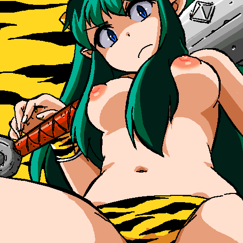 1girls bikini breasts female gomatarou green_hair horn long_hair lum nipples oni oni_horns pointy_ears tiger_print topless urusei_yatsura