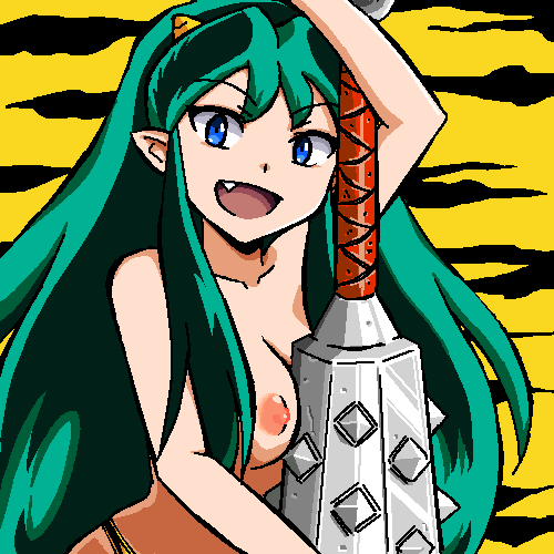 1girls bikini breasts female gomatarou green_hair horn long_hair lum nipples oni oni_horns pointy_ears tiger_print topless urusei_yatsura