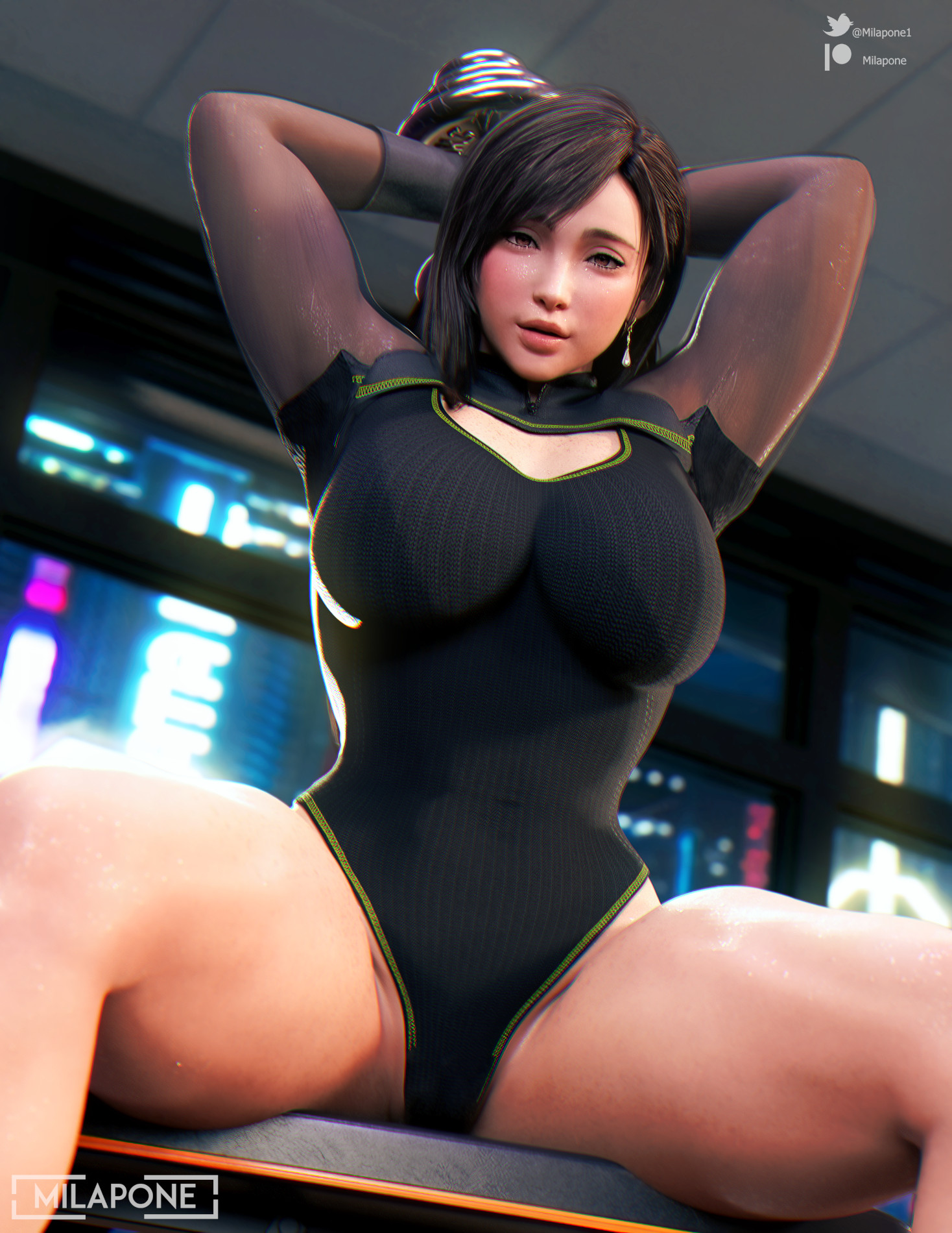 1girls, 3d, ass, big breasts, black hair, breasts, cleavage, clothed, female, female only, final fantasy, final fantasy vii, lifting, milapone, red eyes, thick thighs, tifa lockhart, weightlifting, working out, workout, workout clothes
