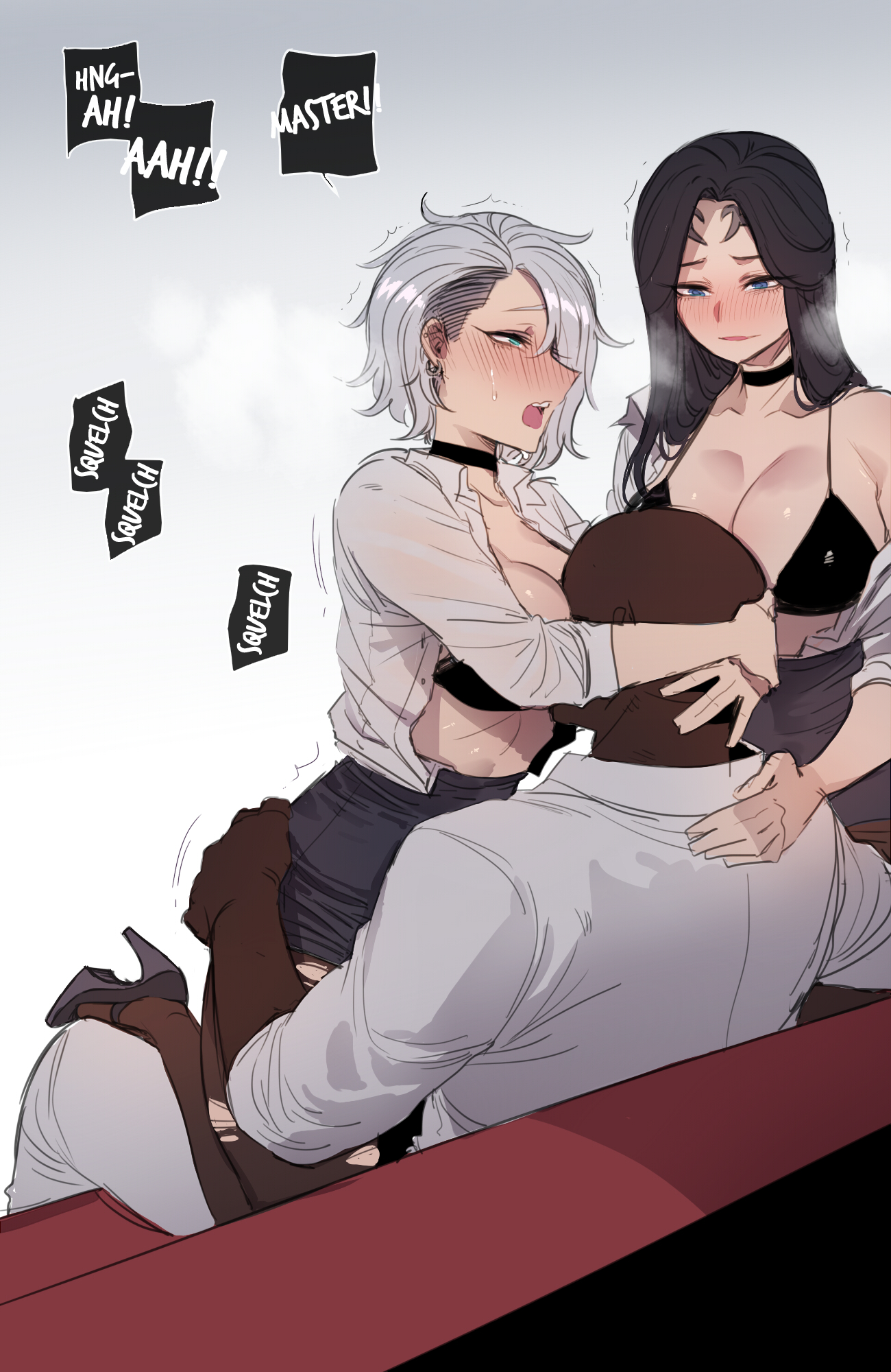 1boy, 2girls, big breasts, black hair, blue eyes, blush, blush lines, breasts, choker, dark skin, dark-skinned male, dialogue, english text, face between breasts, face in breasts, female, ffm, ffm threesome, hi res, high resolution, highres, interracial, interracial sex, large breasts, light skin, light-skinned female, long hair, male, on knees, open shirt, penis, ratatatat74, riding, riding penis, see-through, see-through clothing, sex, short hair, skirt, text, torn clothes, upright straddle, white hair