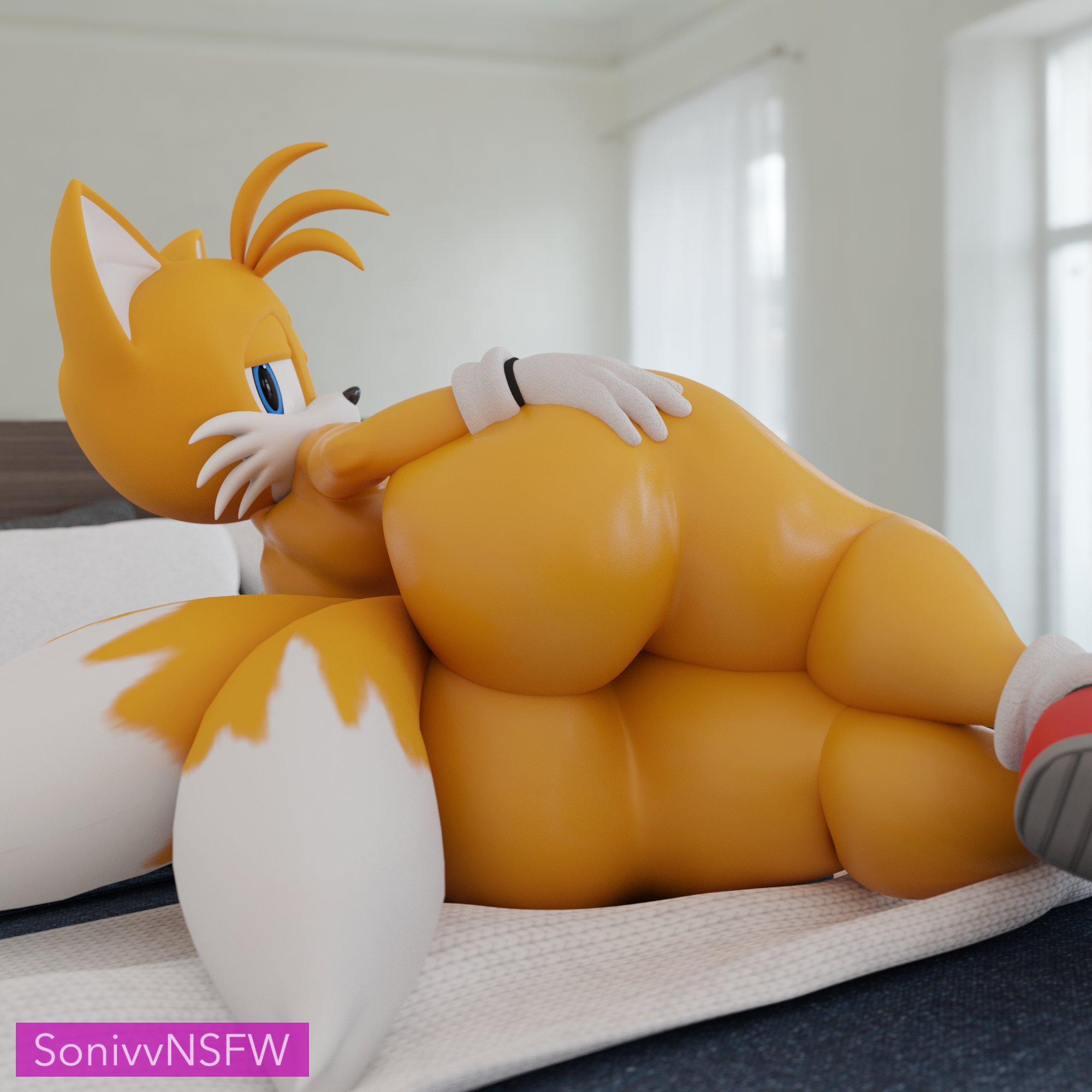 1boy, 3d, 3d (artwork), anthro, ass, big ass, big butt, blue eyes, canid, canine, fat ass, femboy, feminine tails, fluffy tail, fox, fox ears, fox tail, gloves, grabbing own ass, hand on hip, huge ass, large ass, looking at viewer, male, male only, miles prower, miles tails prower, orange body, orange fur, orange hair, orange skin, solo, solo focus, sonic (series), sonic the hedgehog (series), sonivvnsfw, tail, tails, tails the fox, thick ass, thick thighs, thighs, watermark, white gloves, wide hips
