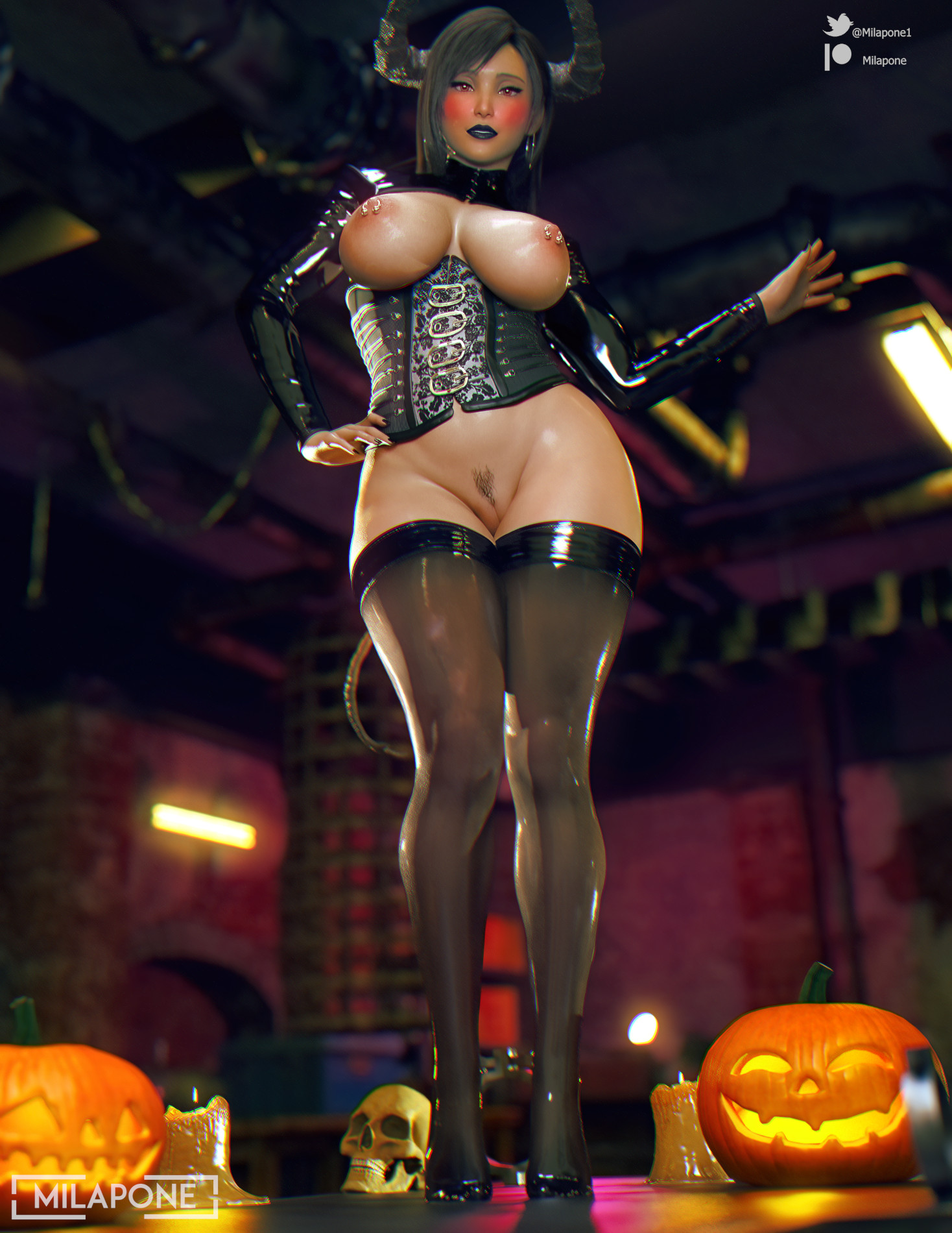 1girls, 3d, ass, big ass, big breasts, bikini, black nail polish, breasts, cowgirl position, demon, demon girl, demon horns, demon tail, fangs, female, female only, final fantasy, final fantasy vii, halloween, horns, jack-o'-lantern, milapone, nipple piercing, nipples, pierced nipples, piercing, pumpkin, ram horns, thick thighs, tifa lockhart
