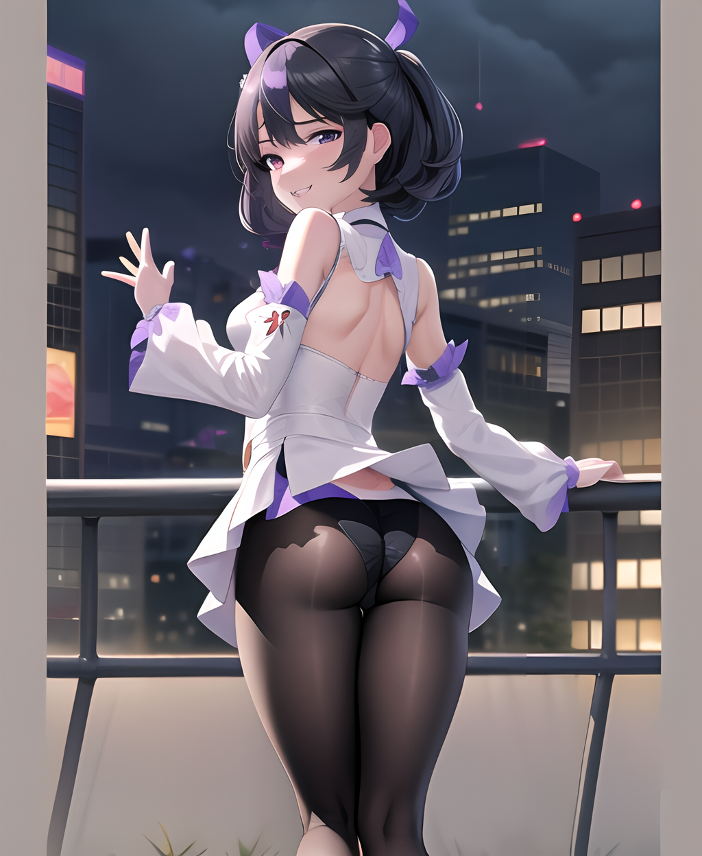 ai_generated ass bare_shoulders black_hair blush breasts city detached_collar detached_sleeves dress female from_behind goddess_of_victory:_nikke hair_ribbon long_hair looking_at_viewer medium_breasts miniskirt multicolored_hair panties panties_under_pantyhose pantyhose parted_lips purple_eyes purple_hair shiny shiny_clothes shiny_hair shiny_skin short_dress sideboob skirt smile solo syuen_(nikke) twintails two-tone_hair