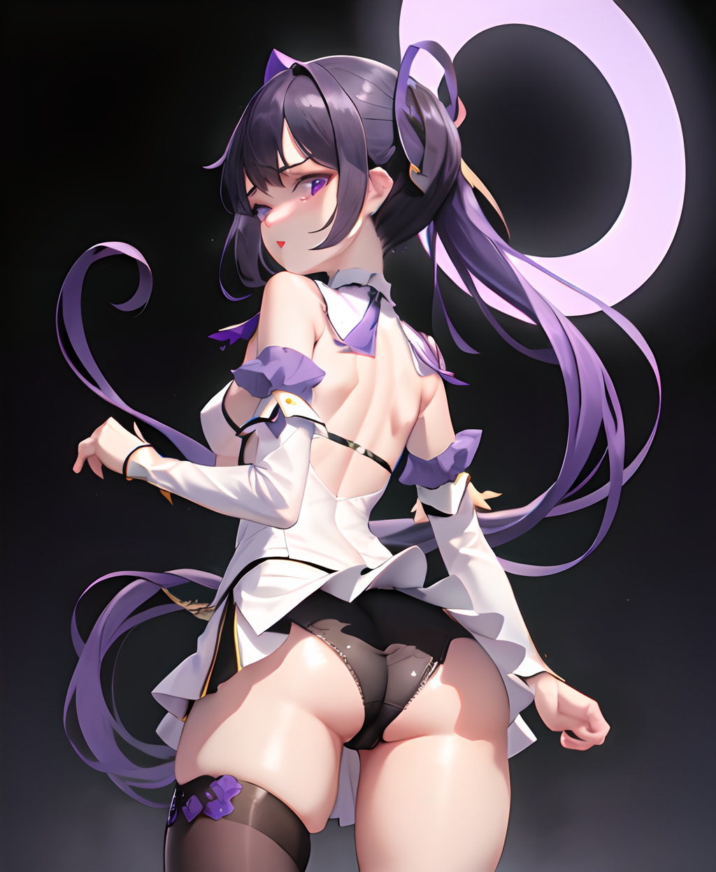 ai_generated alternate_hair_length ass bare_shoulders black_hair blush breasts city detached_collar detached_sleeves dress female from_behind goddess_of_victory:_nikke hair_ribbon huge_ass long_hair looking_at_viewer medium_breasts miniskirt multicolored_hair open_mouth panties parted_lips purple_eyes purple_hair shiny shiny_clothes shiny_hair shiny_skin short_dress sideboob single_thighhigh skirt smile solo syuen_(nikke) thick_thighs thighhighs twintails two-tone_hair very_long_hair