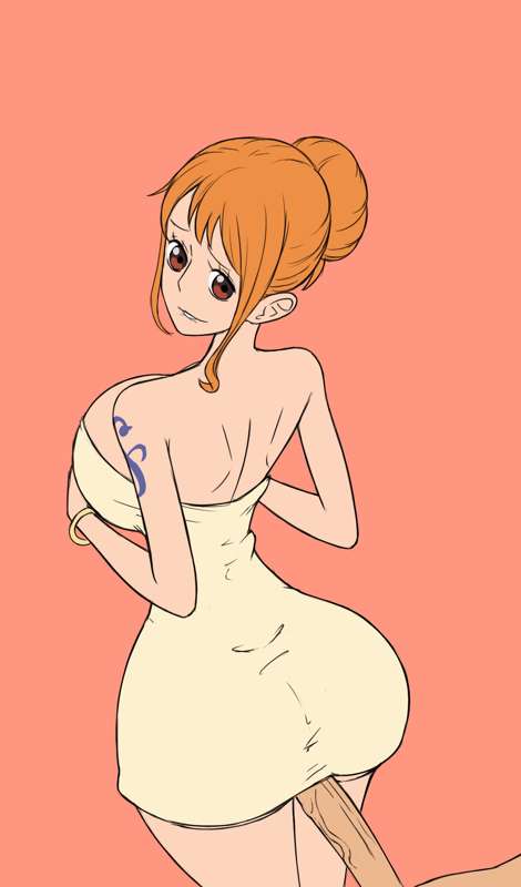 1boy, 1girls, arm tattoo, ass, big ass, big breasts, biggies00, blue tattoo, breasts, female, male, monkey d luffy, nami (one piece), one piece, orange hair, orange-haired female, post-timeskip, sex, tattoo, towel, towel only