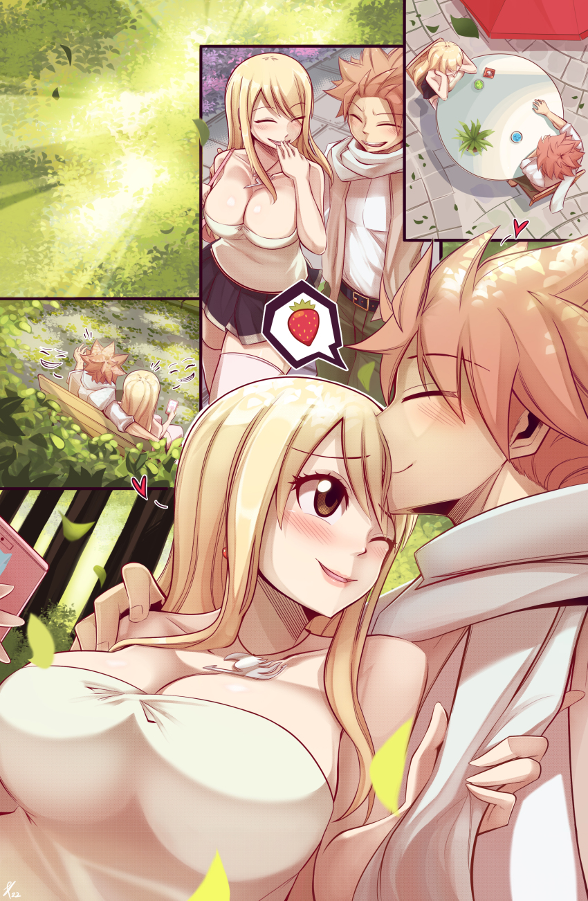 1boy, 1girls, artist request, blonde hair, blonde-haired female, breasts, fairy tail, fairy tail mark, female, huge breasts, kissing, lucy heartfilia, male, natsu dragneel, pink hair, pink-haired male