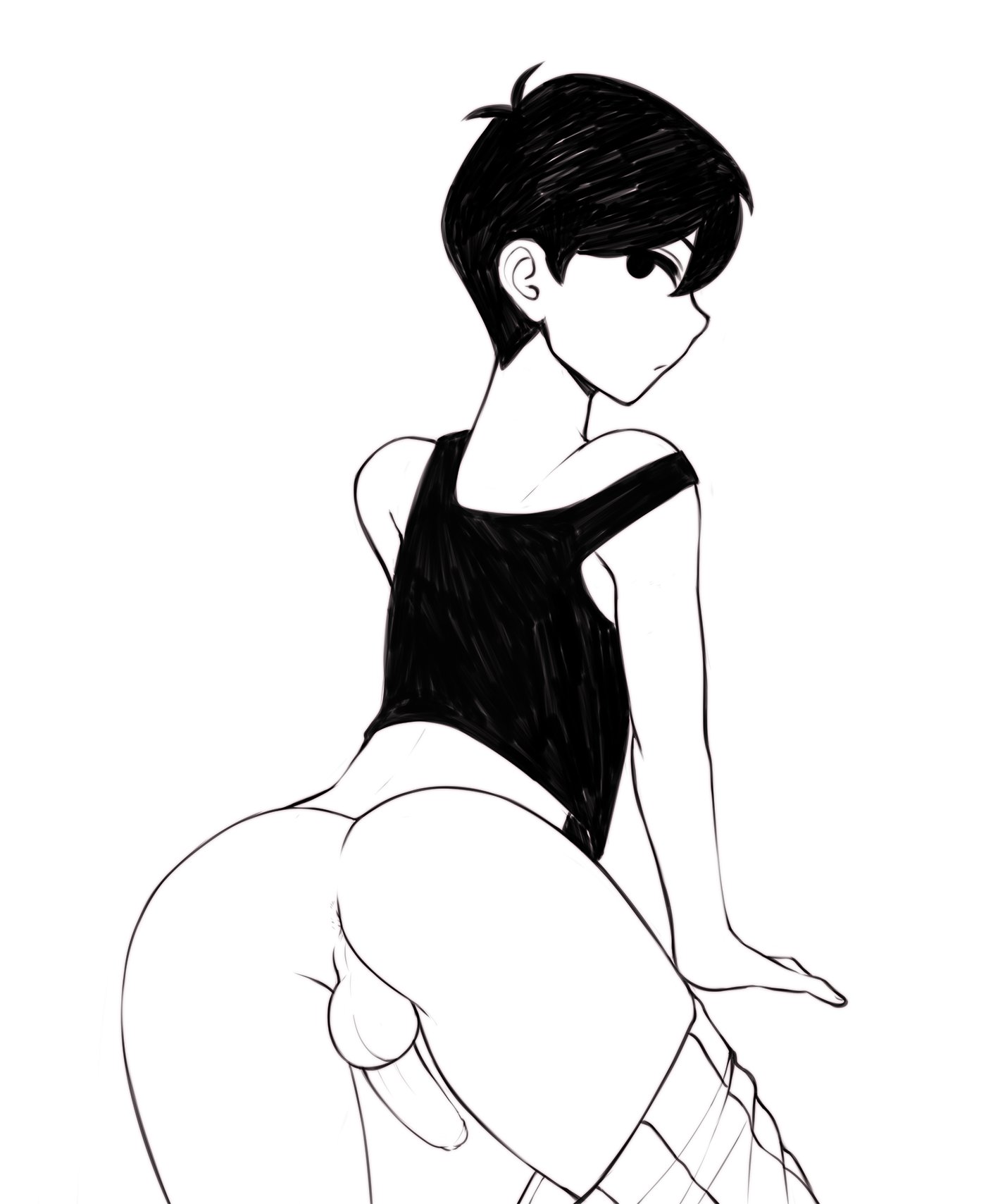 1boy, anus, ass, balls, big ass, big butt, black eyes, black hair, fat ass, fat butt, femboy, girly, gomi-cake, huge ass, huge butt, looking at viewer, looking back, male, male only, omori, omori (character), penis, solo, sunny (omori), thick ass, thick butt, twink