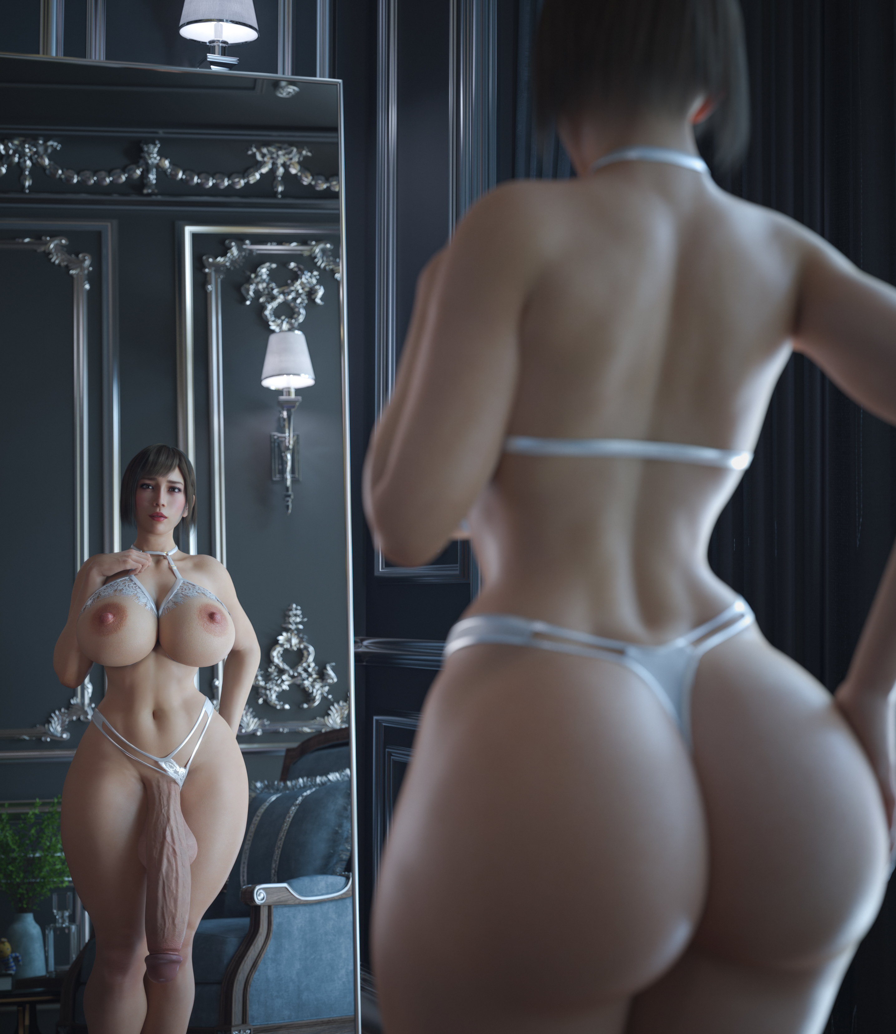 1futa, 3d, areolae, ass, big ass, bra, breasts, casual nudity, futa only, futanari, huge breasts, huge cock, ineffective clothing, intersex, lingerie, mostly nude, nipples, nude, nude futa, ono michio, panties, penis, ryuu ga gotoku, saeko mukouda, solo, stevencarson, thick thighs, wide hips