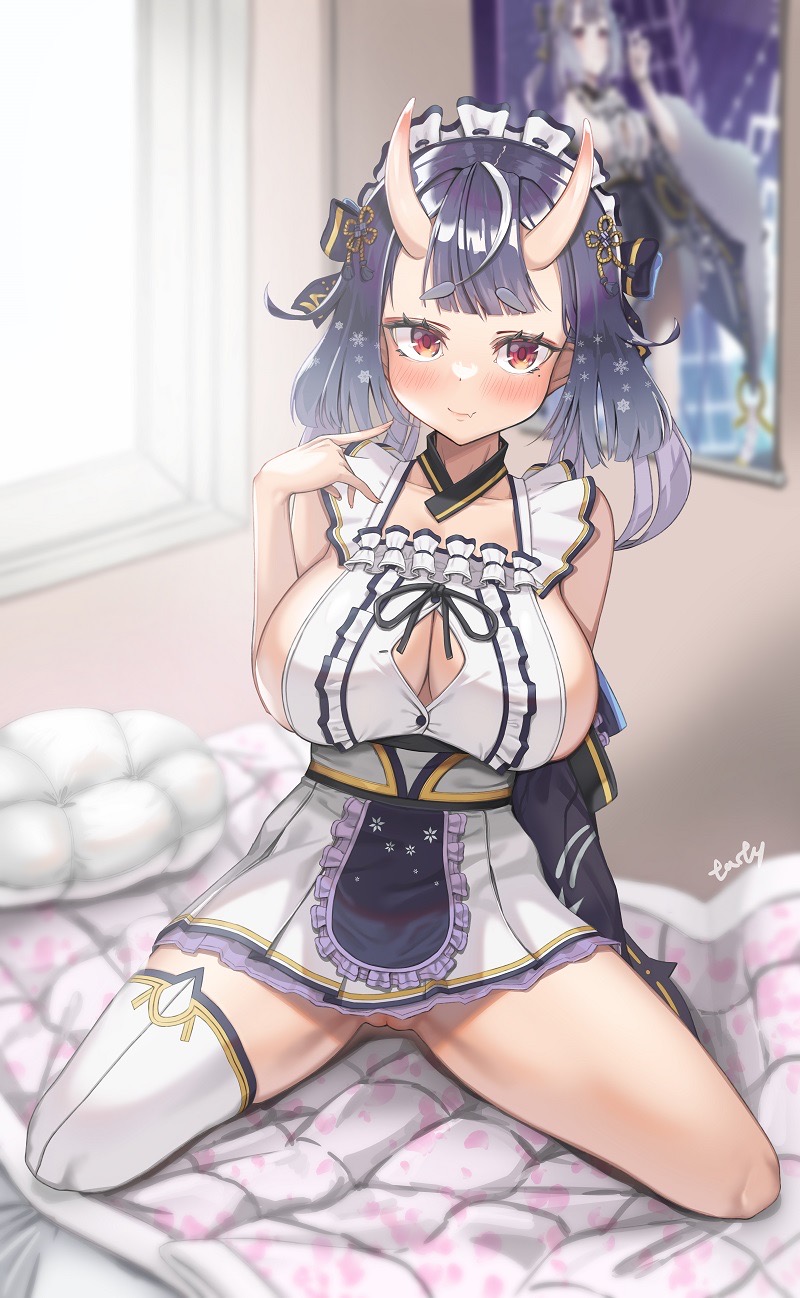 1girls bedroom blush boob_window clothed clothing female female_only happy headdress horns indoors light-skinned_female light_skin looking_at_viewer oerba_yun_fang oni oni_female oni_horns purple_hair pussy room shune_(vtuber) sideboob smile solo tasty_(haelihaeli5) virtual_hertz virtual_youtuber