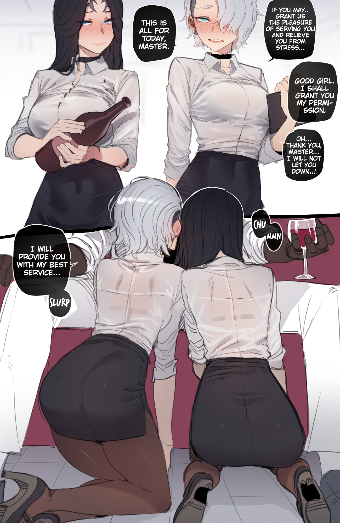1boy, 2girls, black hair, blue eyes, blush, blush lines, choker, dialogue, english text, female, ffm threesome, hi res, high resolution, highres, interracial, kneeling, light skin, light-skinned female, long hair, male, on knees, pantyhose, ratatatat74, see-through, see-through clothing, short hair, skirt, text, white hair