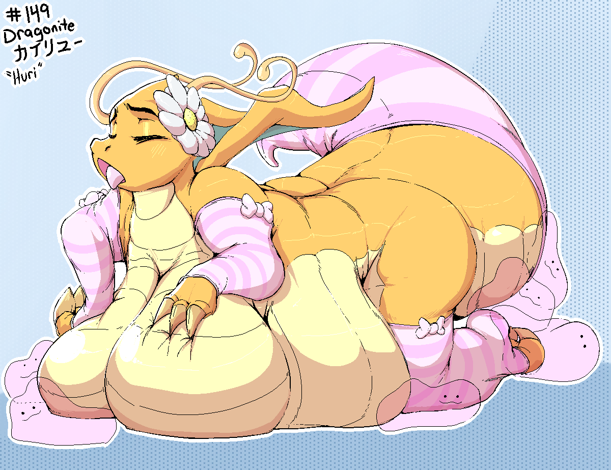 2018 anthro belly belly_inflation big_belly big_breasts breasts closed_eyes clothing ditto_(pokemon) dragonite female garuda_six generation_1_pokemon huge_breasts hurikata_judodo inflation legwear lingerie looking_pleasured nintendo obese overweight pokemon pokemon_(species) solo tail thick_tail thigh_highs tongue tongue_out