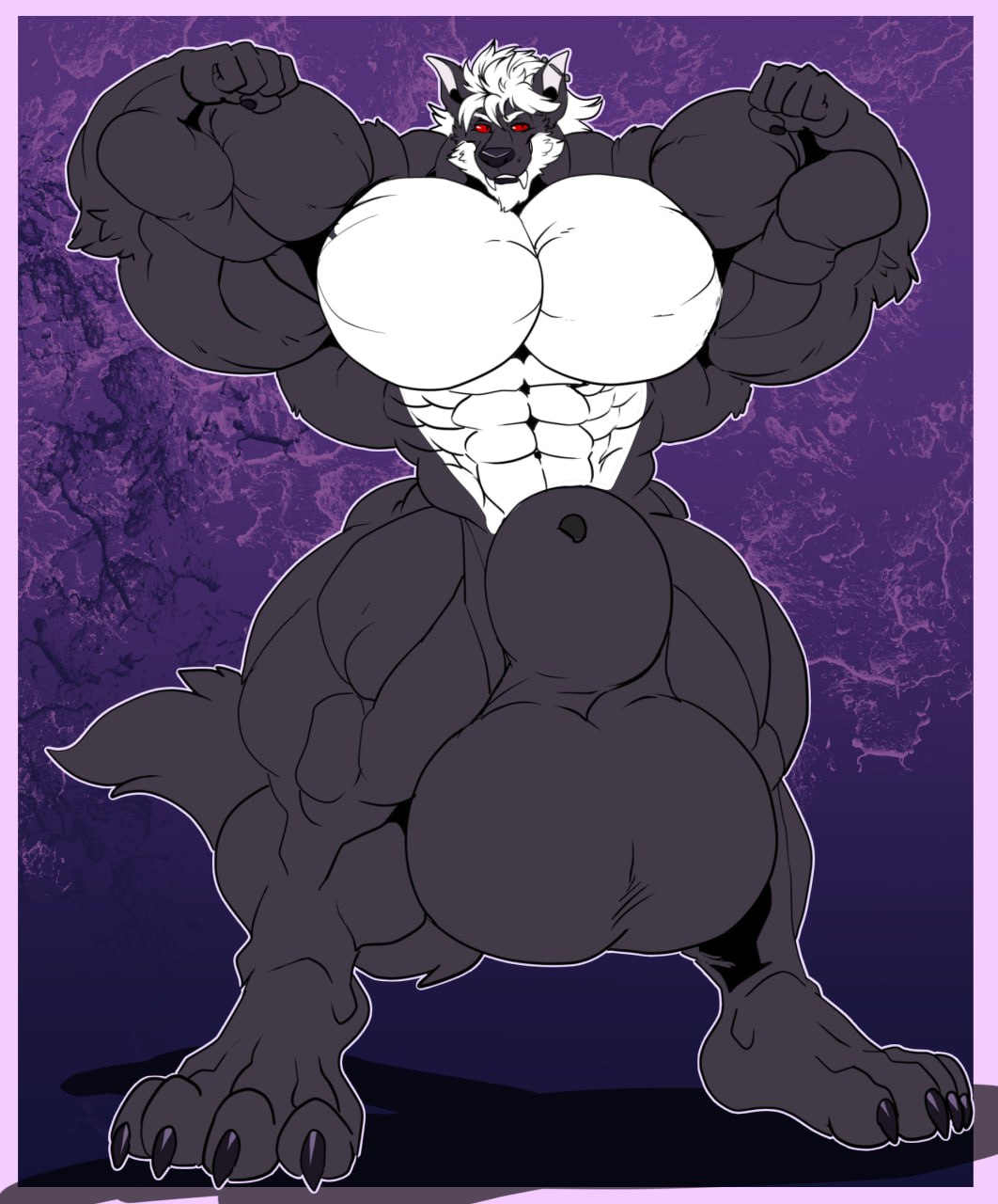 abs animal_genitalia anthro balls barefoot biceps big_balls big_muscles big_penis canid canine canis claws digital_media_(artwork) fangs feet flexing flexing_bicep flexing_both_biceps fully_sheathed fur genitals hi_res huge_balls huge_cock hyper hyper_balls hyper_genitalia hyper_penis looking_at_viewer male male_only mammal muscular muscular_anthro muscular_male nude pecs penis plantigrade red_eyes sheath simple_background smile solo teeth toes wolf xibalbakat