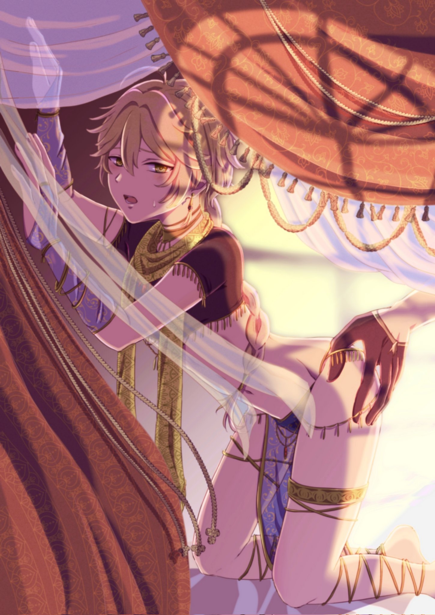 2boys, aether (genshin impact), ass, blonde hair, bottomwear, braided hair, childe (genshin impact), crop top, crossdressing, femboy, feminine male, gay, genshin impact, gold eyes, grope, hand on ass, long hair, male, male only, on knees, panties, tartaglia (genshin impact), thighs, yaoi