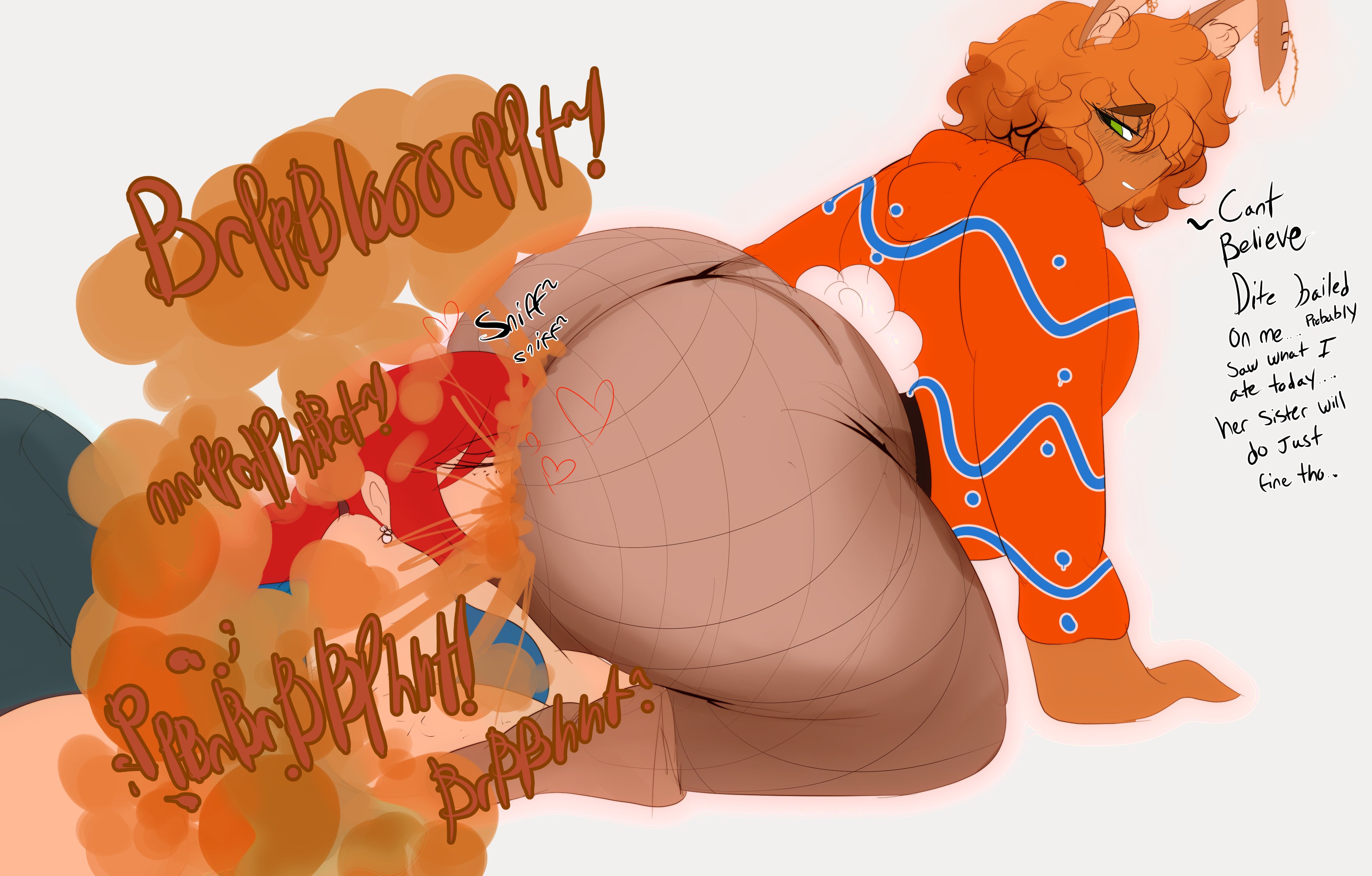 2girls, animal ears, ass, ass sniffing, bent over, big ass, big butt, bunny ears, bunny tail, english text, enjoying farts, eyes closed, face in ass, fart, fart cloud, fart fetish, fart sniffing, farting, farting in face, female, female only, fishnets, green eyes, heart, looking back, melissaalli, multiple females, multiple girls, nezu (melissaalli), oc, orange hair, original, original character, original characters, red hair, short hair, shorts, sniffing, sniffing ass, tail, text, thick thighs, yuri