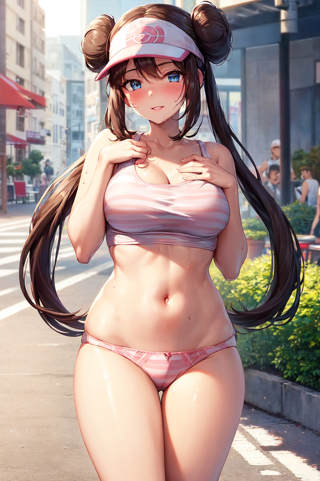 1girls, ai generated, background characters, breasts, brown hair, female, female focus, hi res, huge breasts, looking at viewer, panties, pokemon, rosa (pokemon), solo focus, stable diffusion, twintails