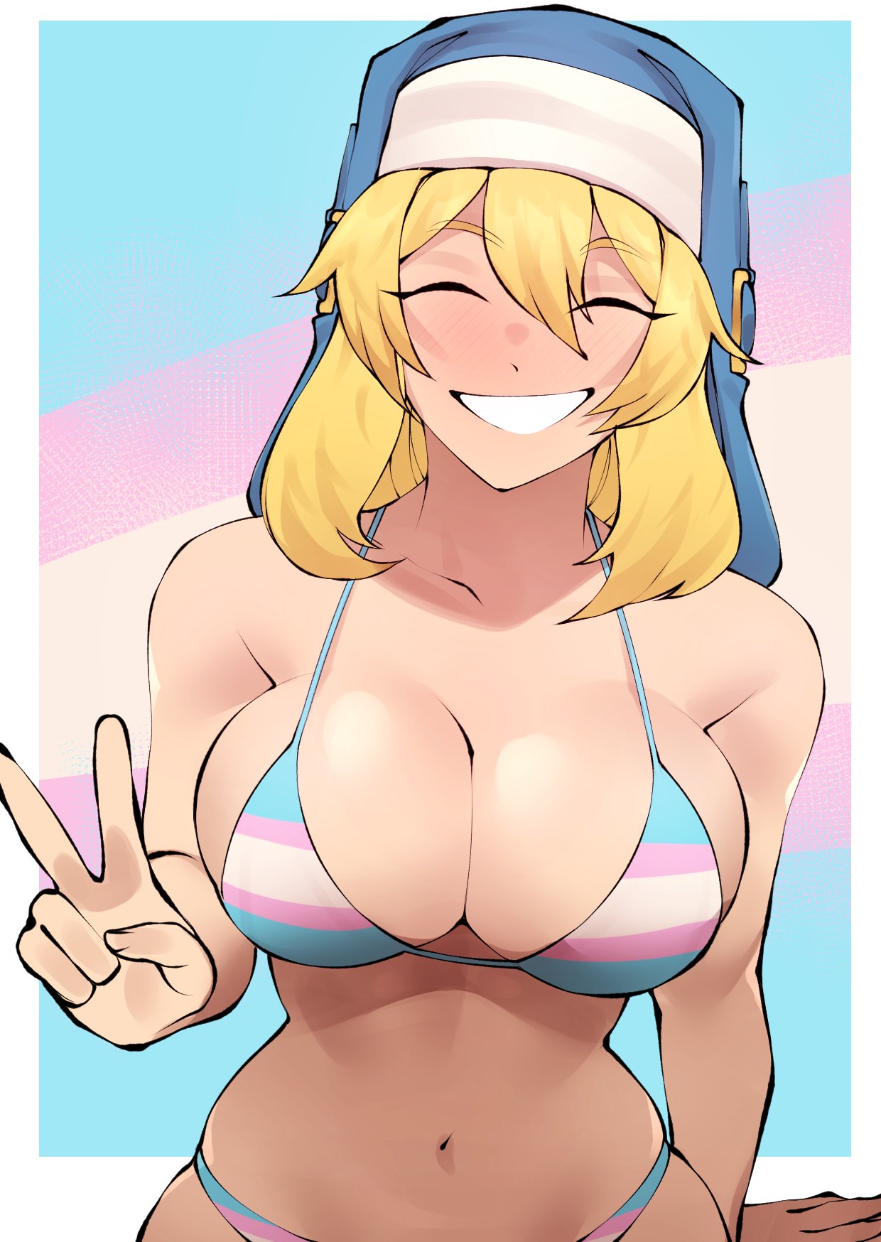 1girls bikini blonde blonde_female blonde_hair bra bridget bursting_breasts cleavage closed_eyes commission female female_only flytrapxx grin guilty_gear large_breasts lgbt_pride medium_hair peace_sign pride_color_accessory pride_color_clothing rule_63 sideboob skindentation smile solo swimsuit toothy_grin transgender_pride_colors v