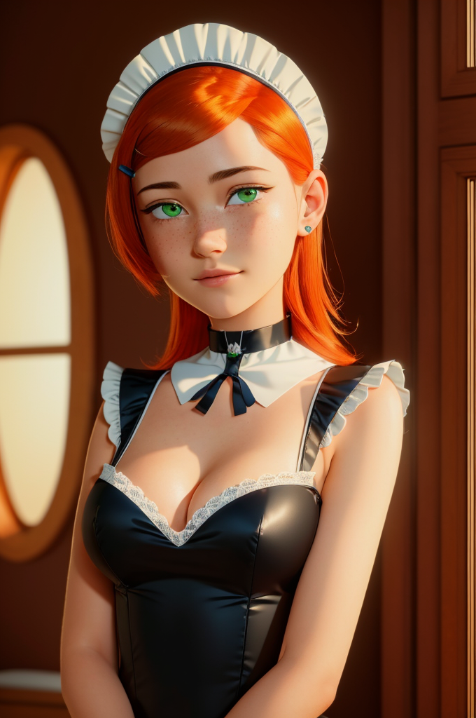 1girls ai_generated ben_10 cleavage female female_only ginger_hair green_eyes gwen_tennyson maid maid_headdress maid_outfit maid_uniform pin3d red_hair redhead solo stable_diffusion tagme