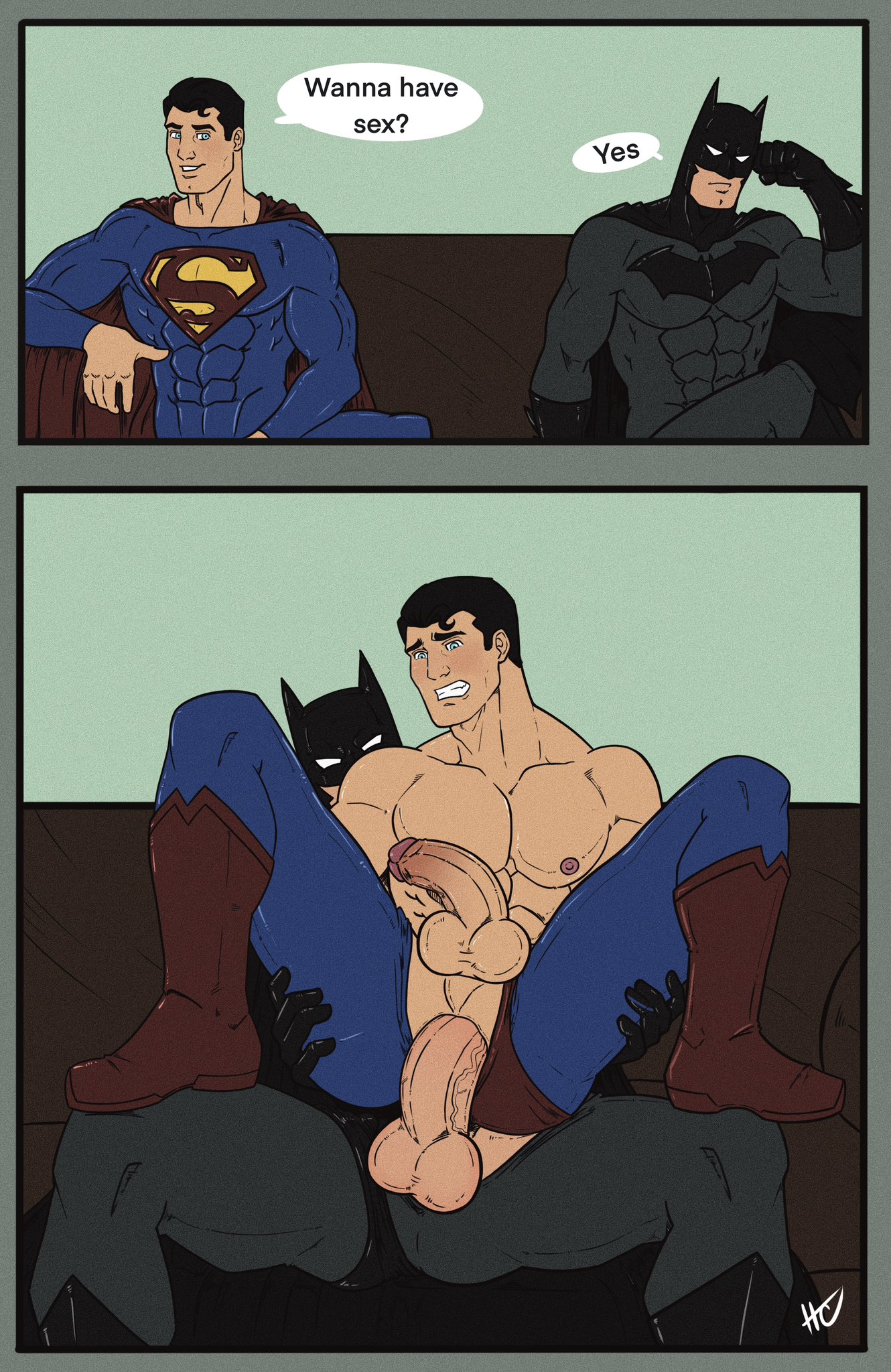 2boys, anal, anal sex, bara, batman, batman (bruce wayne), batman (series), bruce wayne, clark kent, dc, dc comics, dialogue, english dialogue, english text, gay, gay sex, heroic creativity, instant loss 2koma, justice league, justice league unlimited, kal-el, male, male only, muscular, muscular male, reverse cowgirl position, sex, superman, superman (clark kent), superman (series), text, yaoi