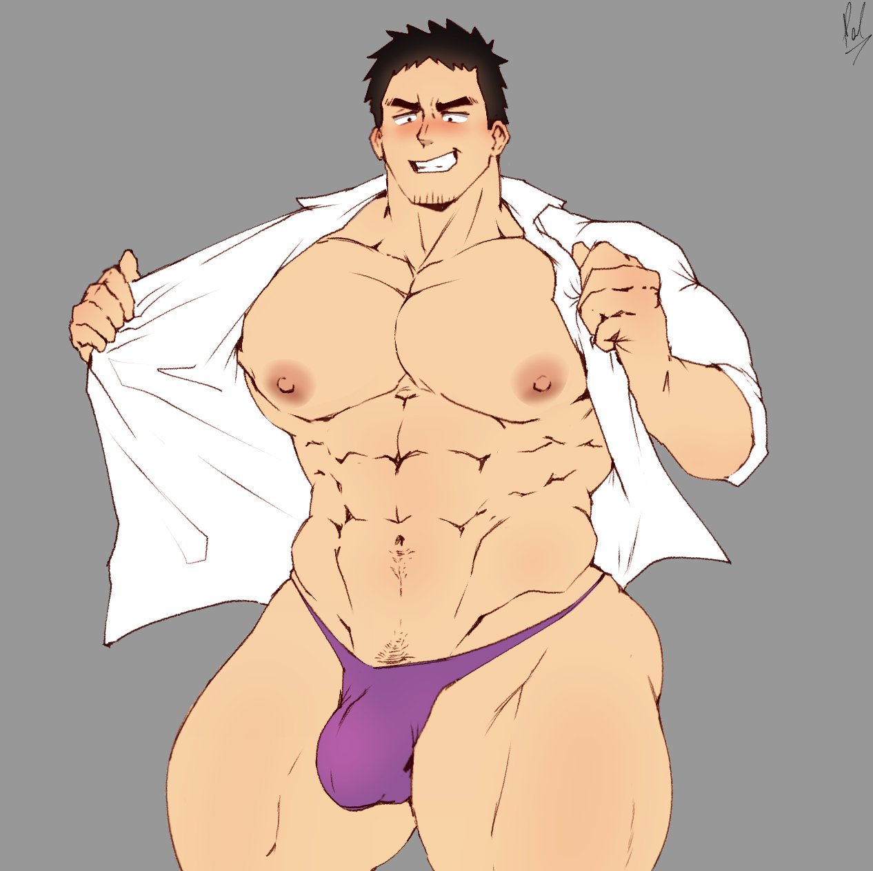 bara, blush, bulge, facial hair, male, male only, muscles, muscular, no visible genitalia, open shirt, paldraws, senpai ga uzai kouhai no hanashi, solo, solo male, takeda harumi, thong, yaoi